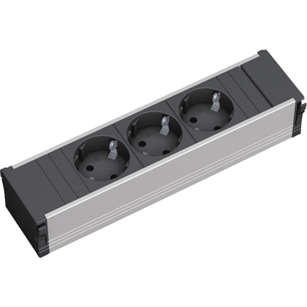Czarna i szara listwa zasilająca z trzema gniazdami.