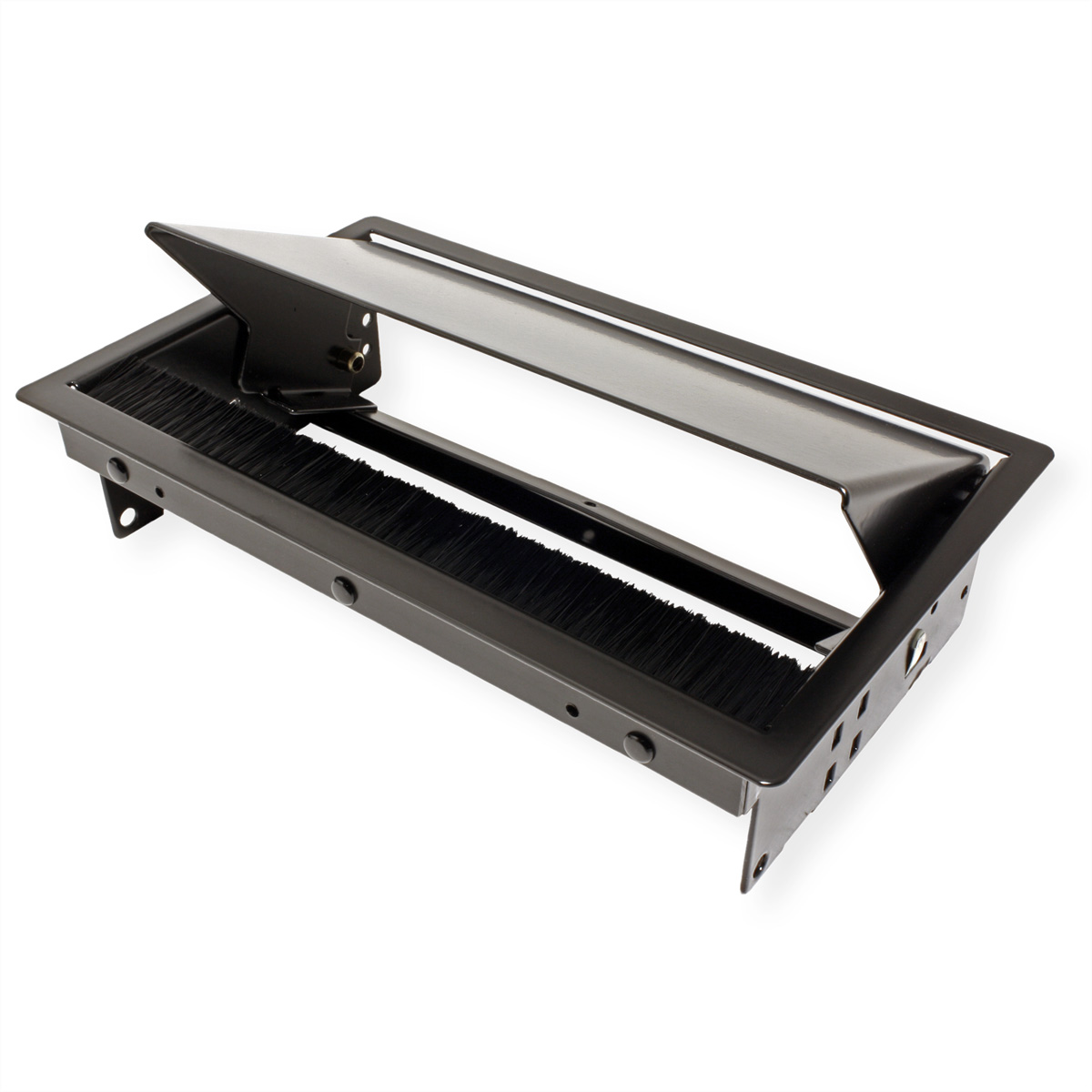 Organizzatore di cavi da scrivania nero con coperchio. Sfondo bianco.
