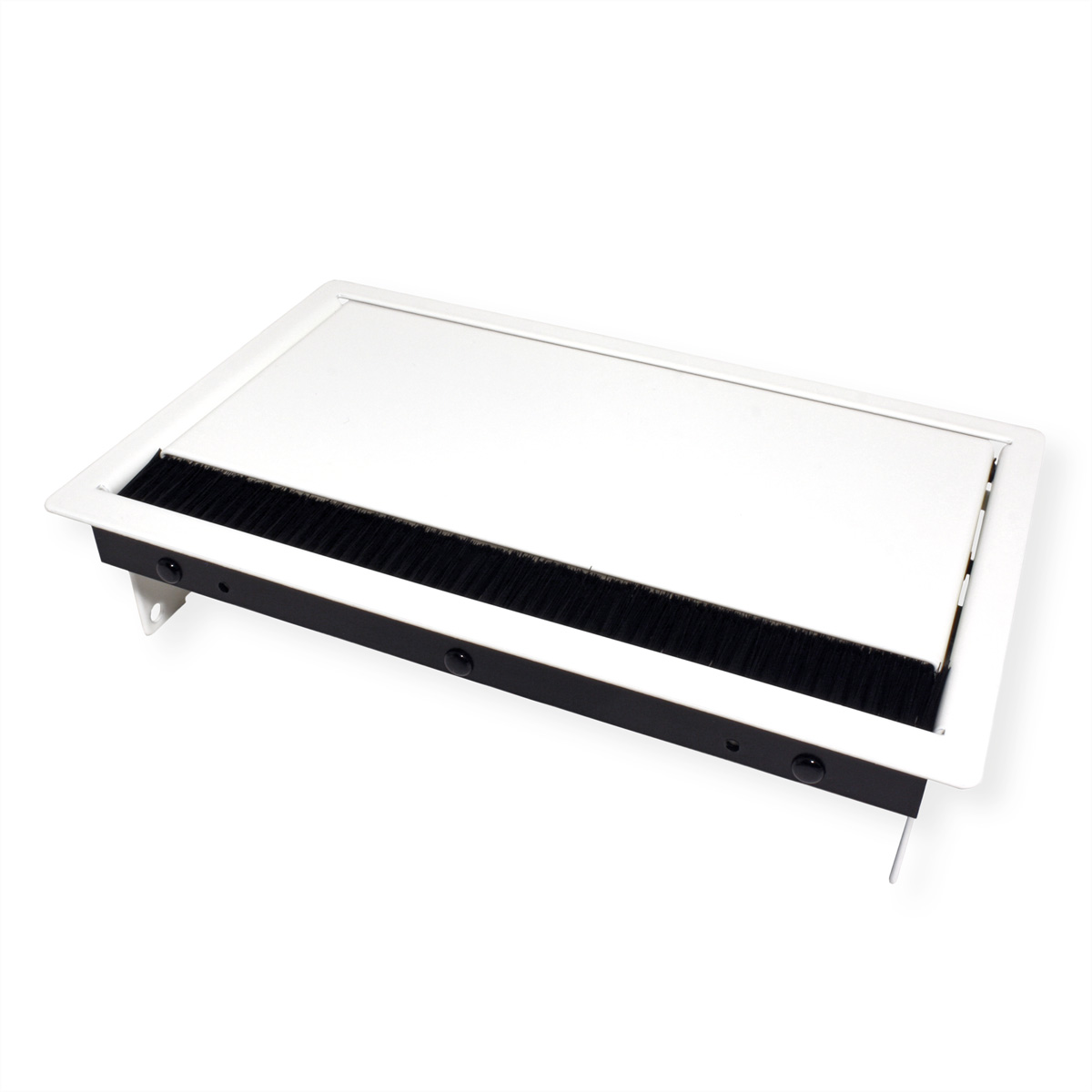 Un organizzatore di cavi da scrivania bianco con spazzola nera e sfondo bianco. Il dispositivo è aperto.