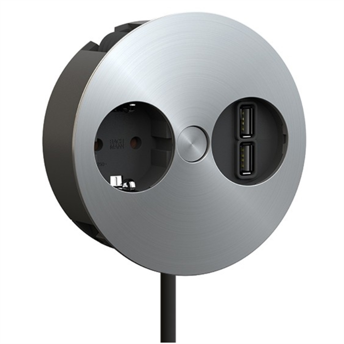 Eine runde, silberne Steckdose mit zwei USB-Anschlüssen. Es ist eine Bachmann-Steckdose.
