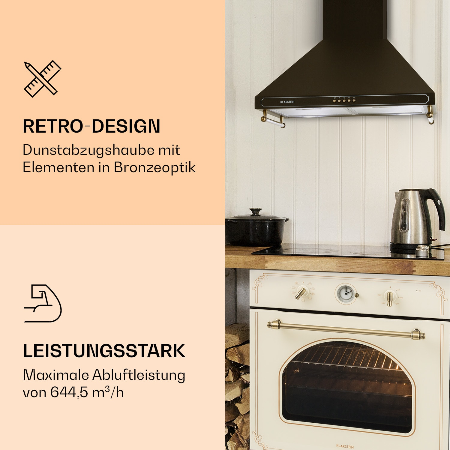 Cucina con cappa nera e forno color crema. Testo su design e potenza.