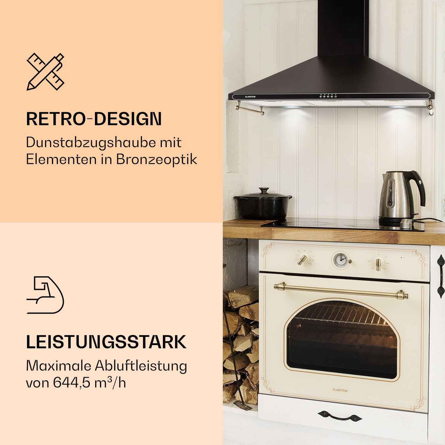 Cucina con cappa nera e forno. Testo a sinistra e forno nero.
