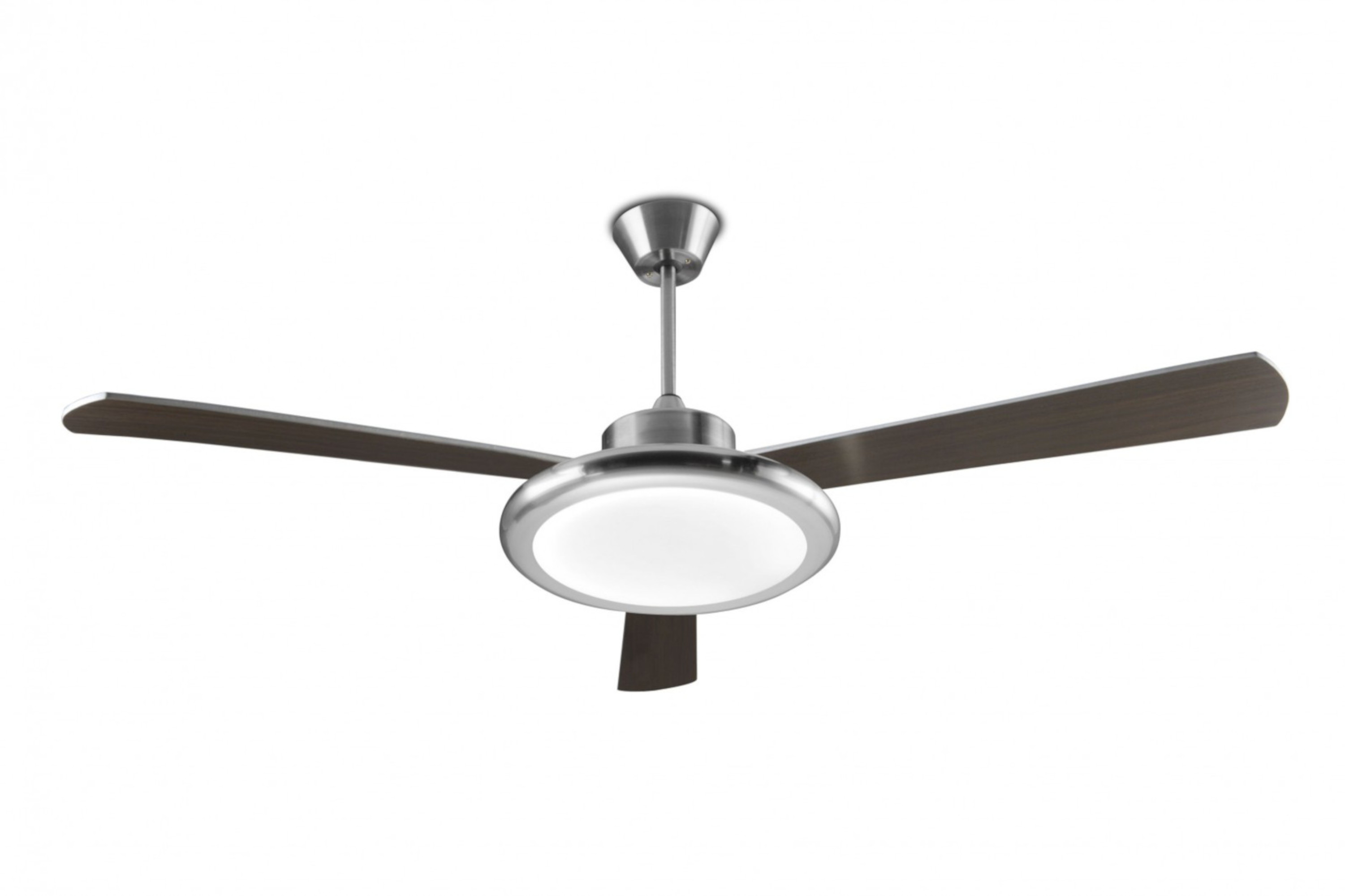Ein Deckenventilator mit drei Flügeln. Der Ventilator ist silber und braun, mit einem weißen Licht.