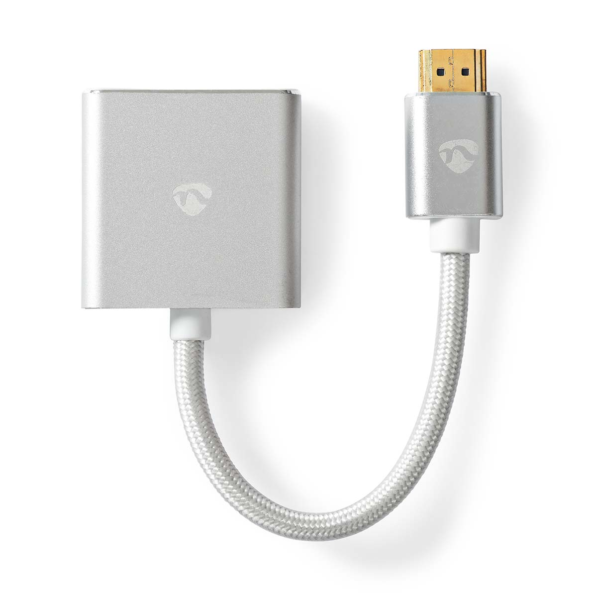 Silver adapter with a silver cable and a gold-colored connector. White background.