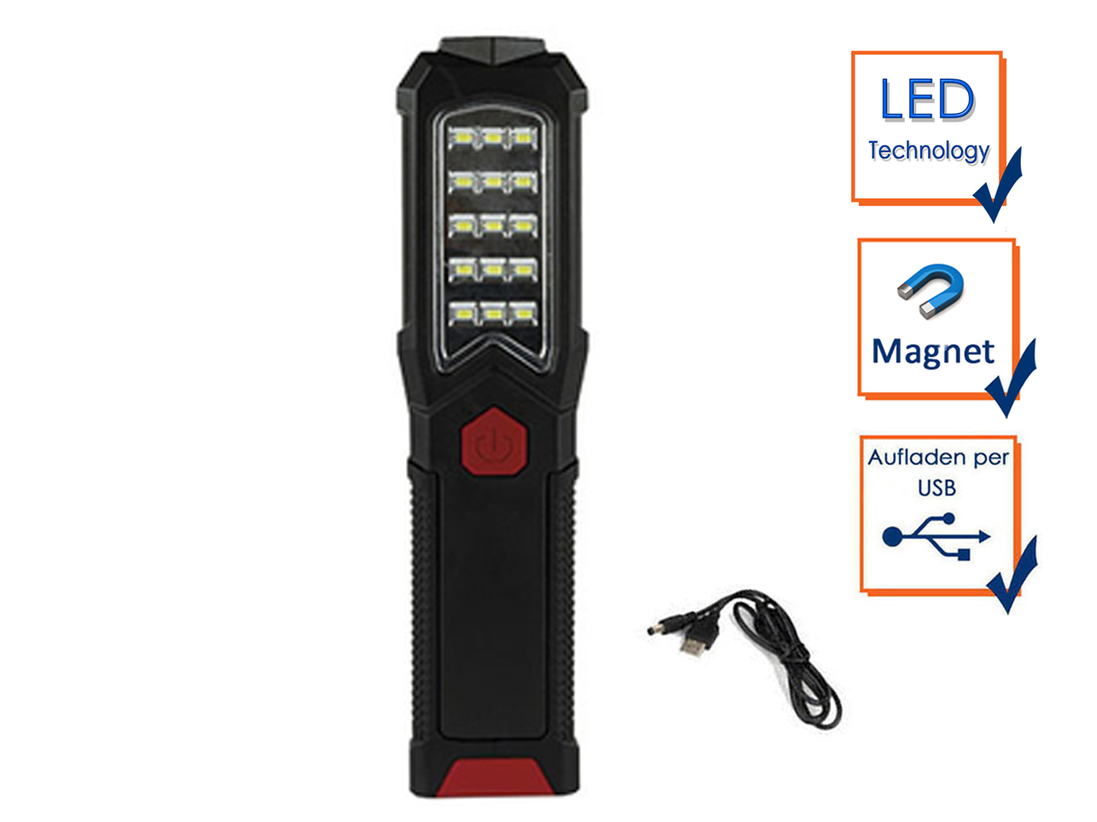 Schwarze und rote LED-Arbeitsleuchte mit USB-Aufladung und Magnetfunktionen.