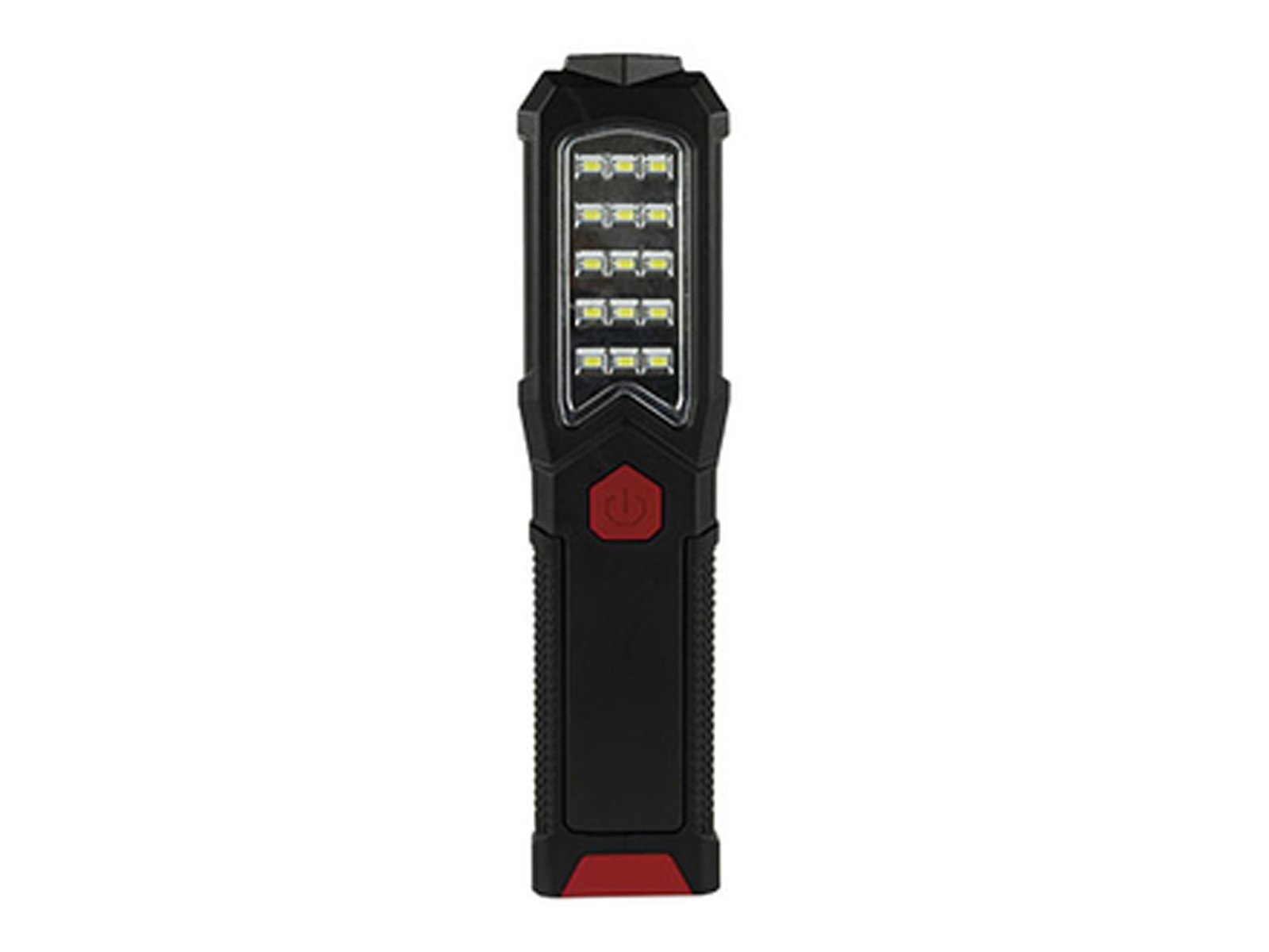 Schwarz-rote Taschenlampe mit mehreren LED-Leuchten, Ein-Aus-Taste.
