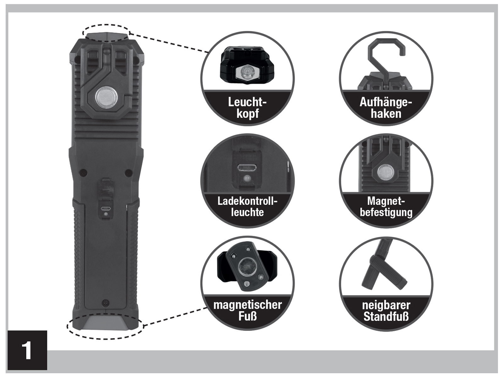 Schwarze Taschenlampe mit mehreren Funktionen: Lichtkopf, Ladeanschluss, Haken, Magnet, Ständer und Fuß.