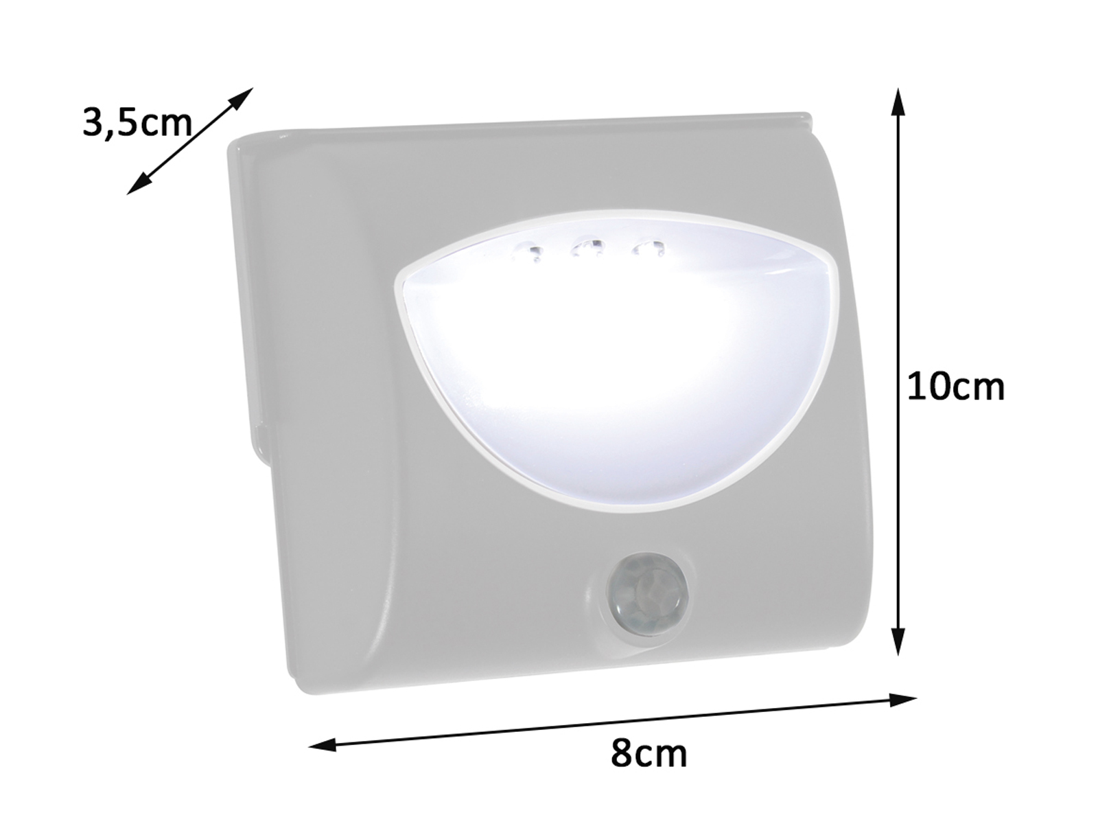 Graues rechteckiges LED-Licht mit Abmessungen. 3,5 cm, 8 cm und 10 cm sind beschriftet.