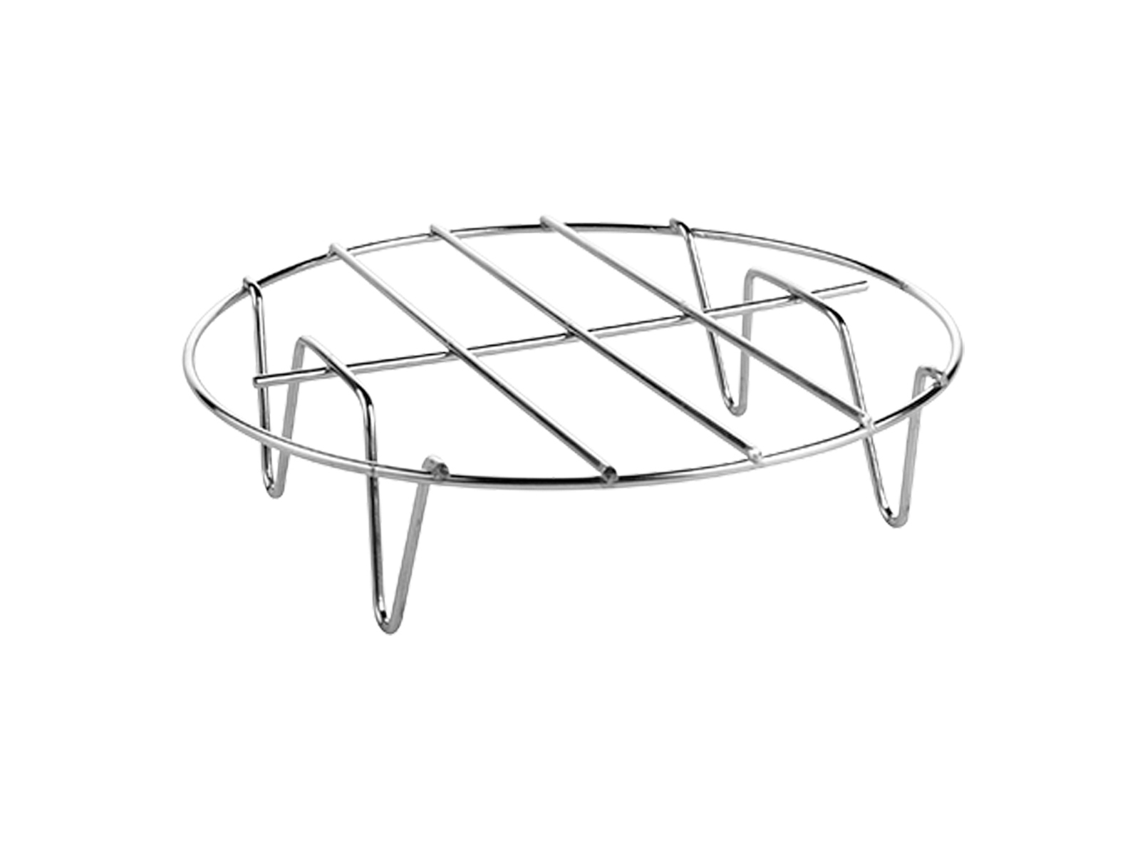 Srebrny, metalowy, okrągły stojak do chłodzenia z nóżkami.