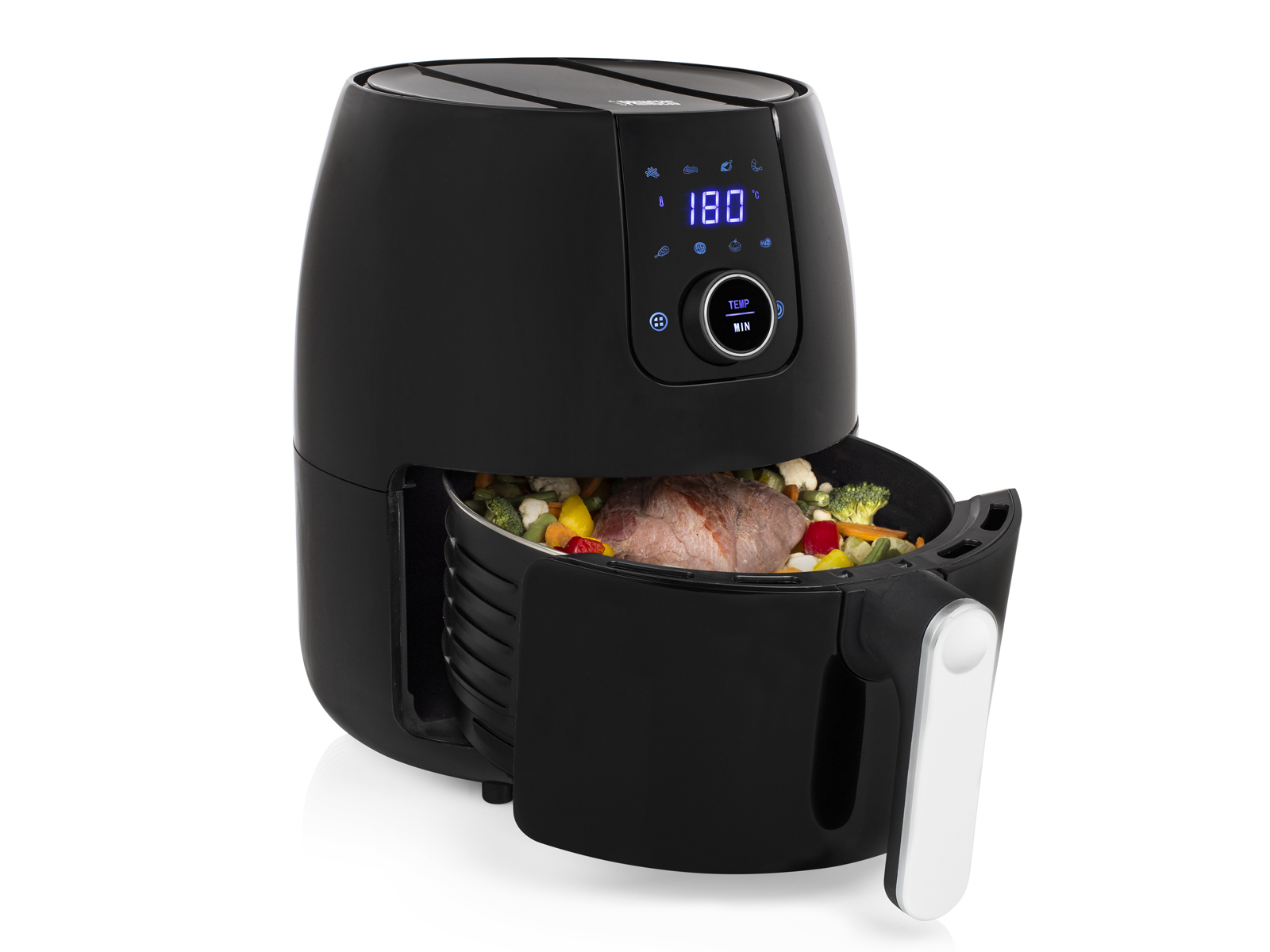 Czarna frytkownica powietrzna z wyświetlaczem pokazującym 180 stopni. Ma w środku jedzenie, gotowe do gotowania.