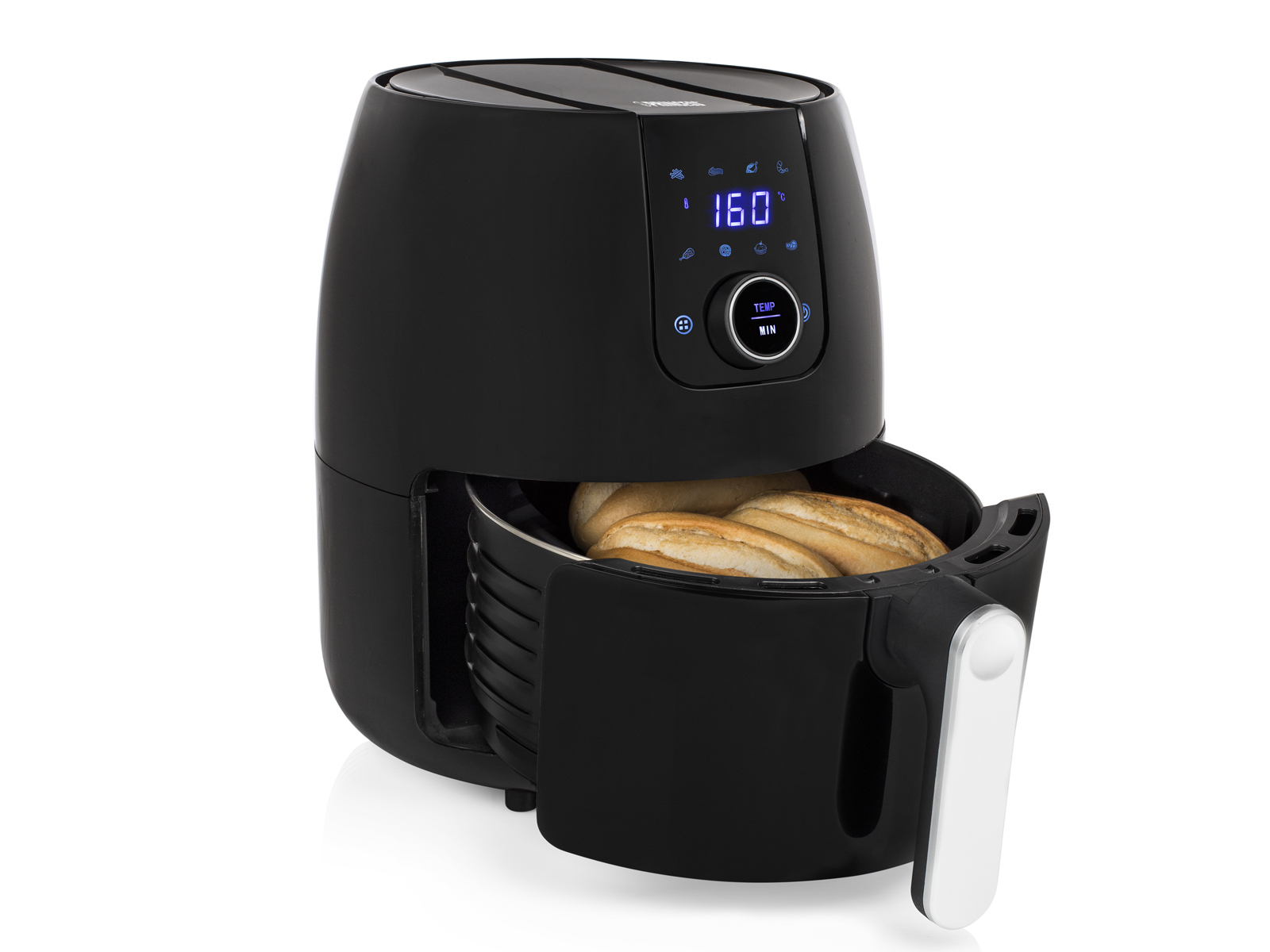Czarna frytkownica powietrzna z otwartymi drzwiami, pokazująca chleb w środku, z wyświetlaczem temperatury 160.