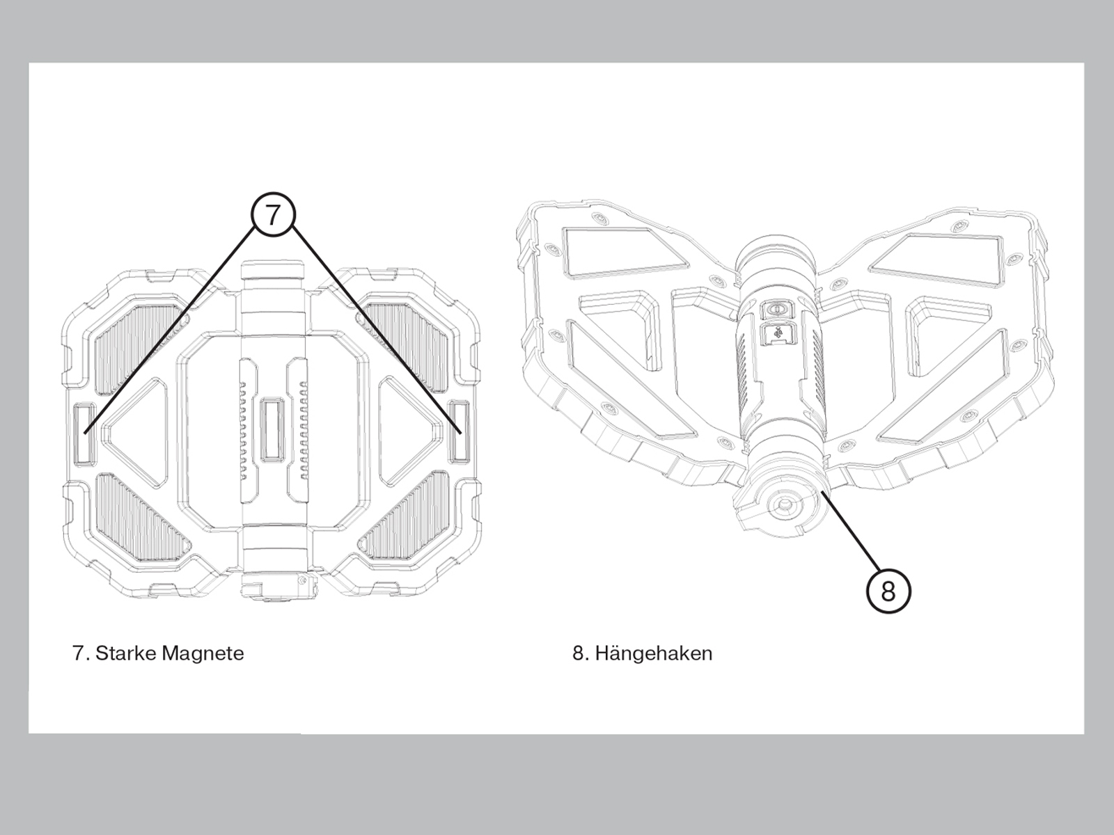 Zwei Diagramme eines Fahrradpedals. Sie zeigen die Oberseite und die Seite des Pedals mit Beschriftungen.