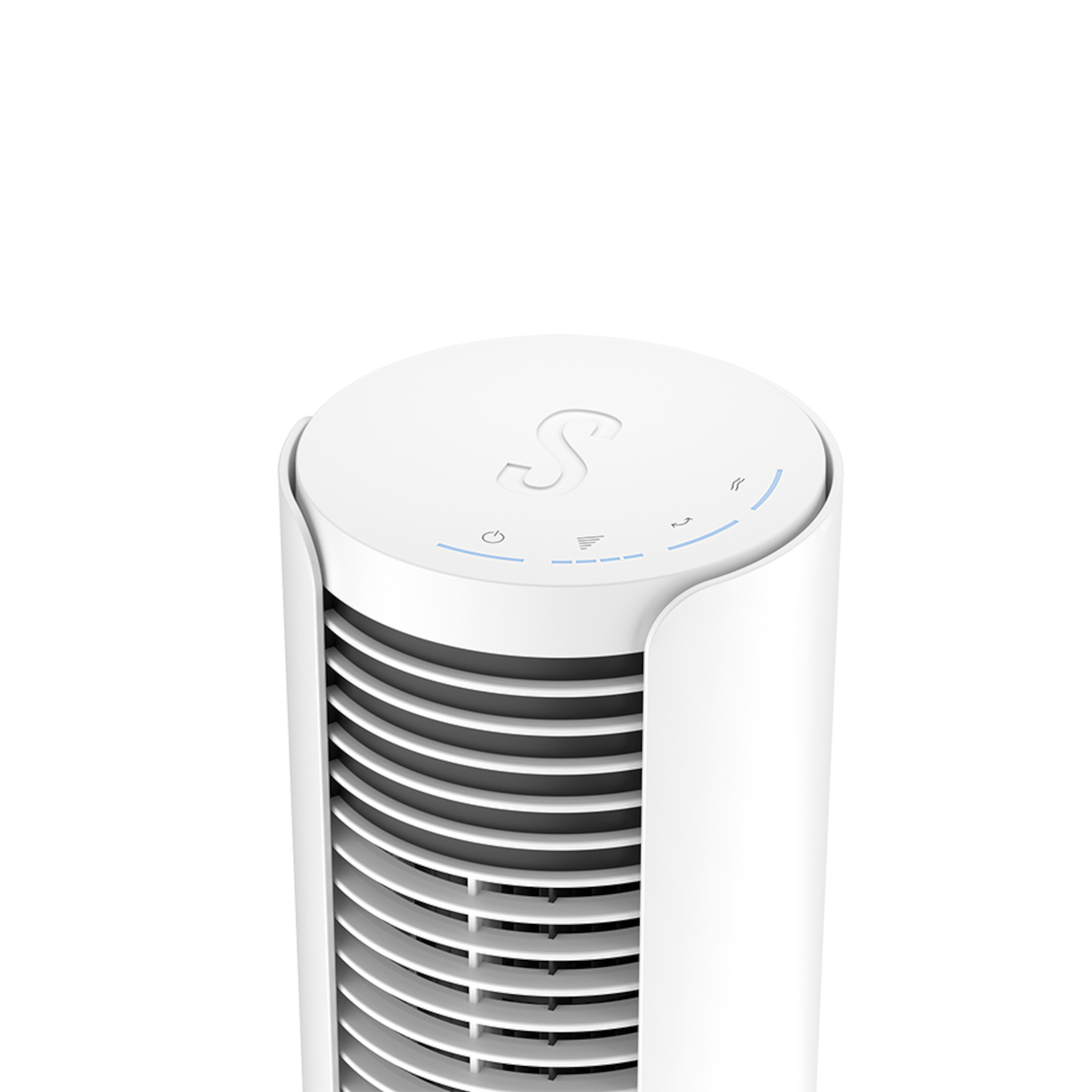 Ventilateur tour blanc. Le dessus a des boutons marche/arrêt et vitesse. Fond blanc.