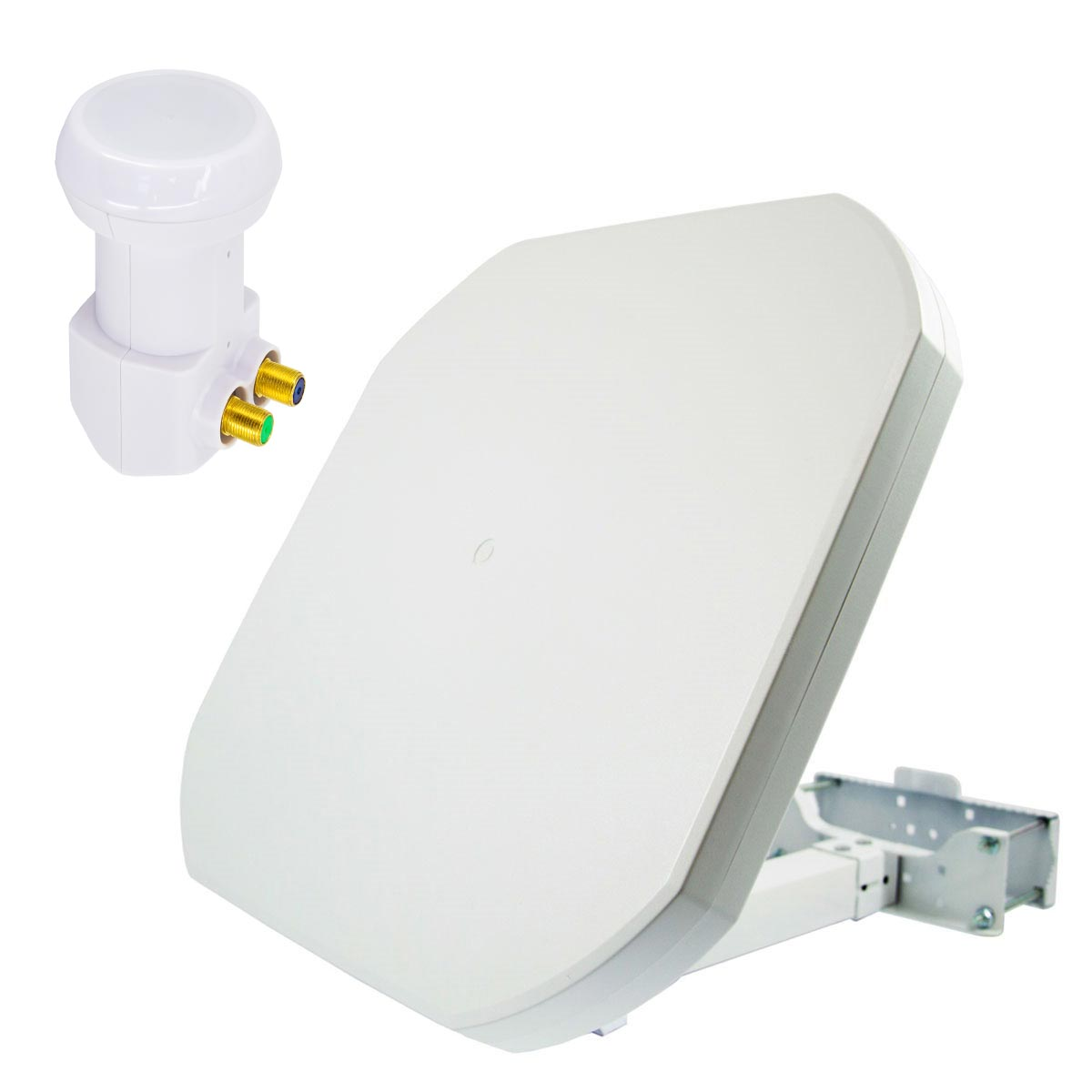 Eine weiße Antenne mit weißen Aufsätzen. Die Antenne ist eine Satellitenschüssel. Die Aufsätze sind links.
