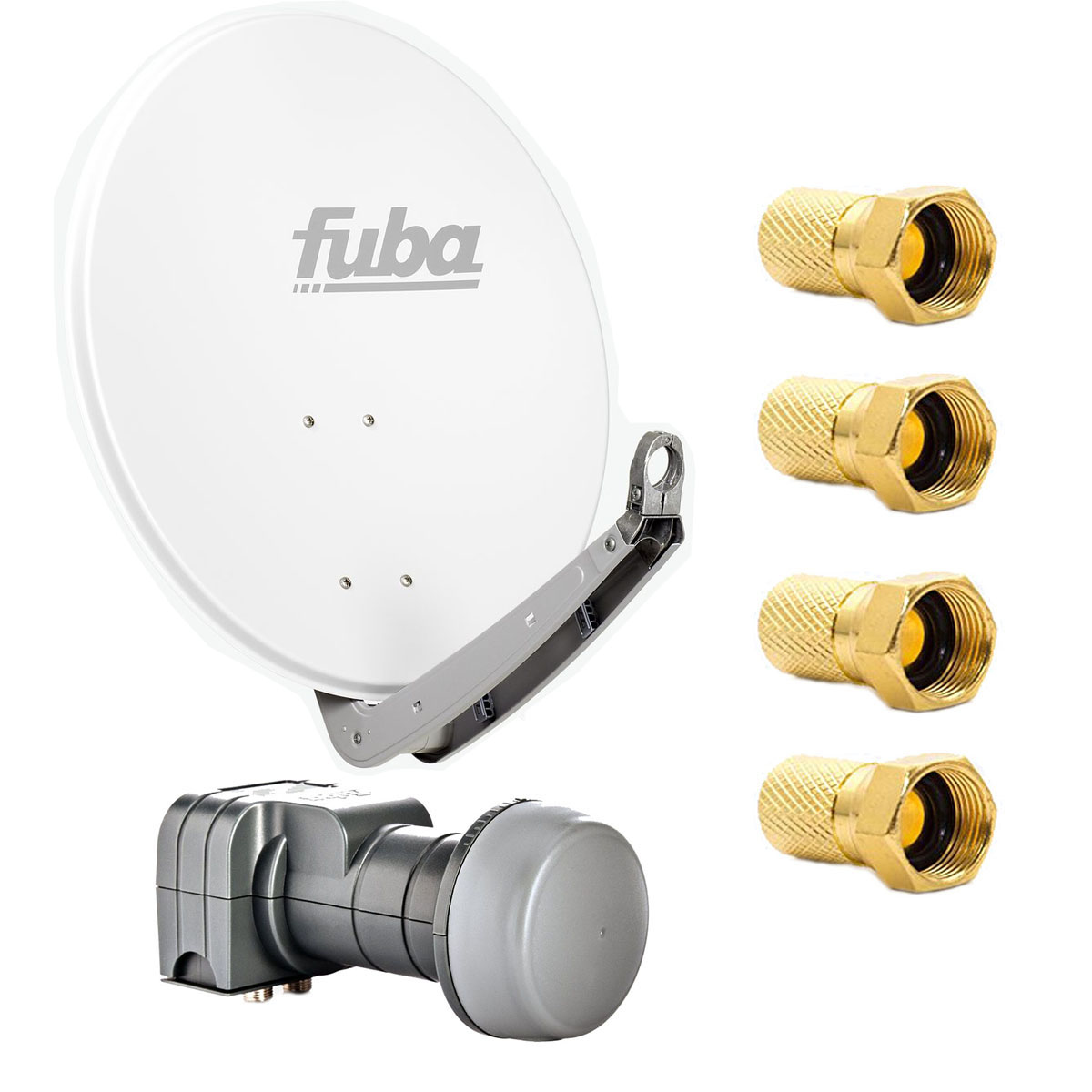 Weiße Satellitenschüssel mit grauem LNB und goldenen Anschlüssen. Komponenten sind auf Weiß isoliert.