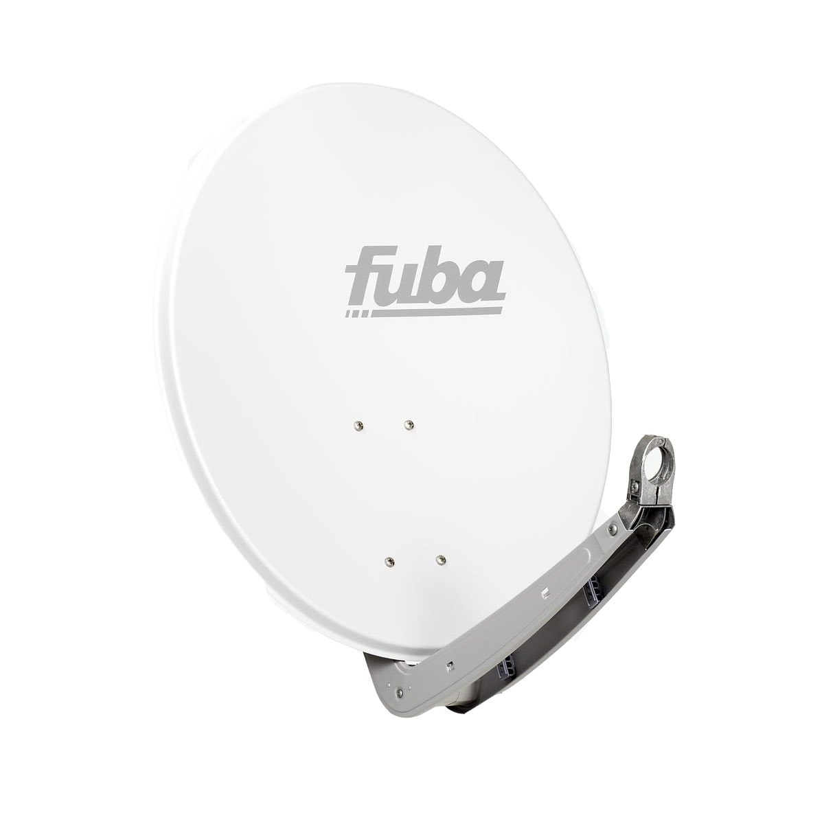 Weiße Satellitenschüssel mit dem Wort 'fuba' und einer grauen Tragstruktur.
