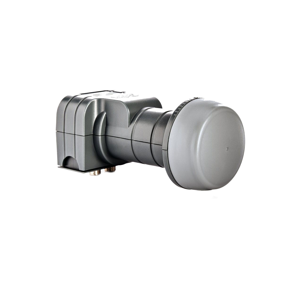Ein grauer LNB-Satellitenempfänger. Er hat eine graue, zylindrische Form mit zwei Anschlusspunkten.