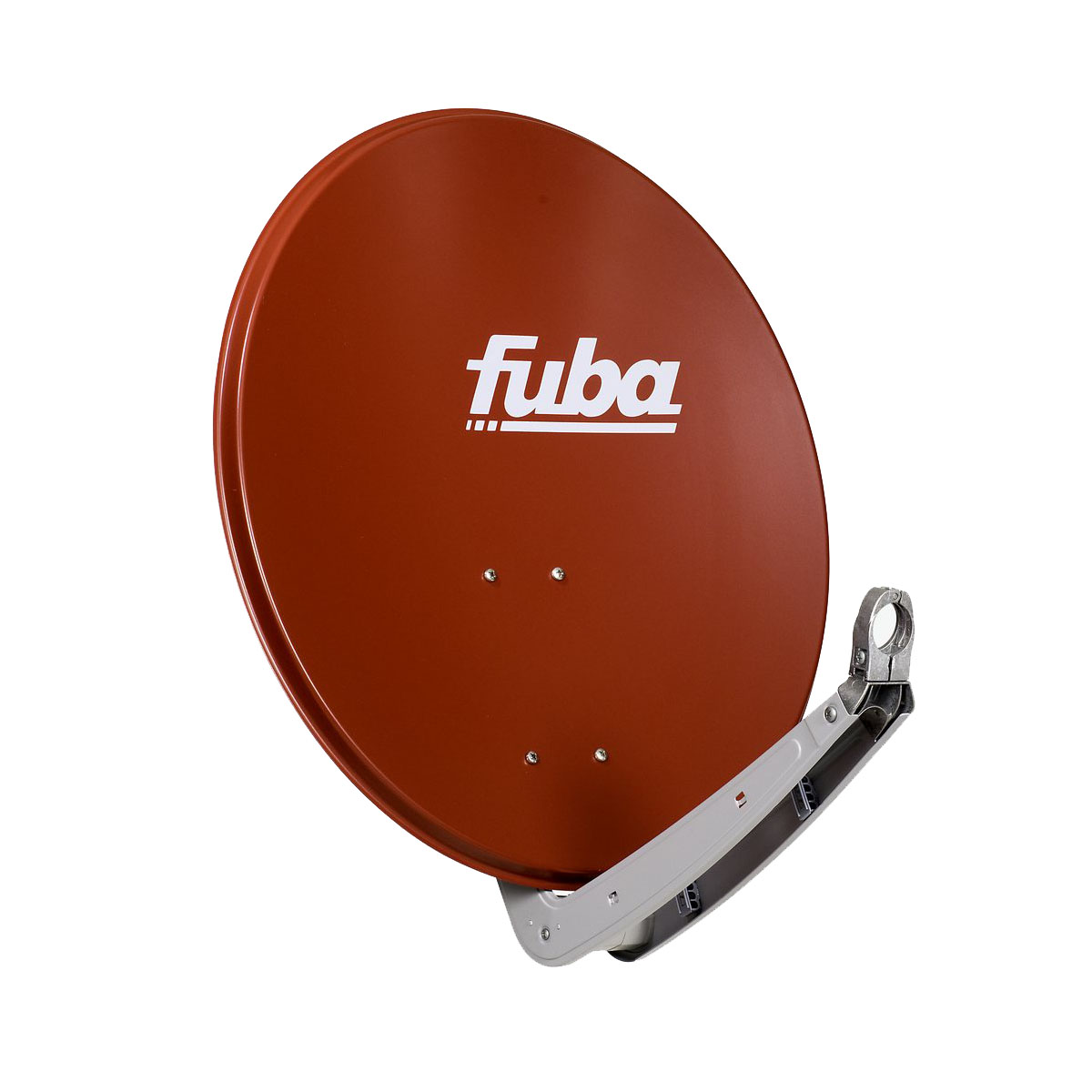 Eine braune Satellitenschüssel mit dem weißen Wort 'fuba'. Die Schüssel ist an einer Halterung montiert.
