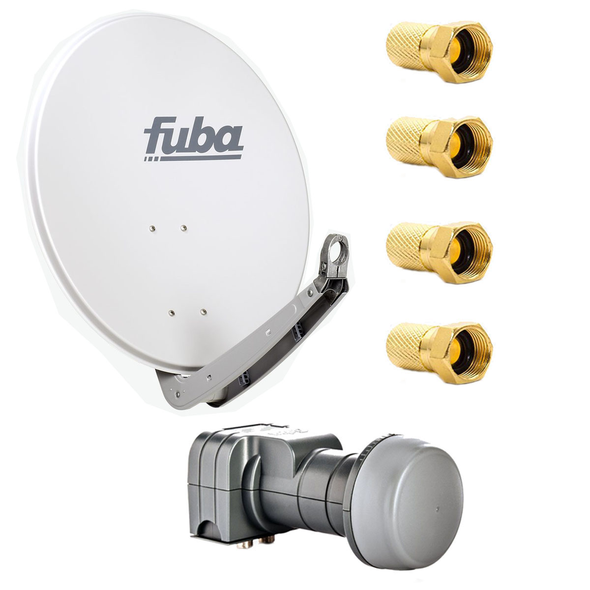 Weiße Satellitenschüssel und LNB mit goldenen Anschlüssen. Auf der Schüssel steht das Wort fuba.