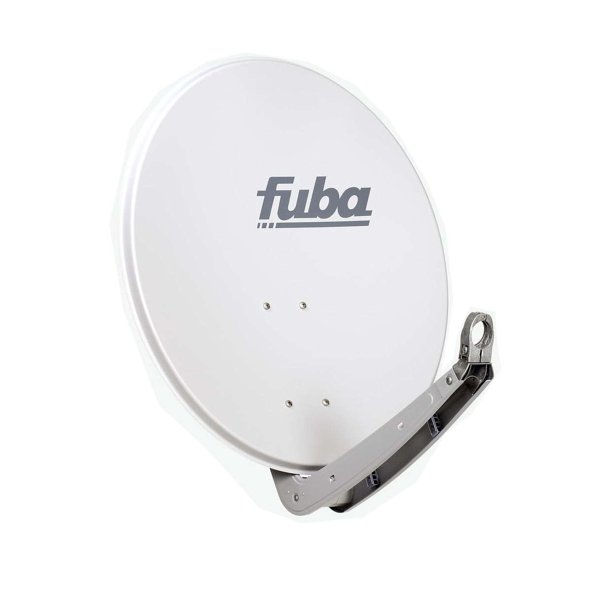 Weiße Satellitenschüssel mit dem Wort "fuba", mit grauem Haltearm, vor weißem Hintergrund.