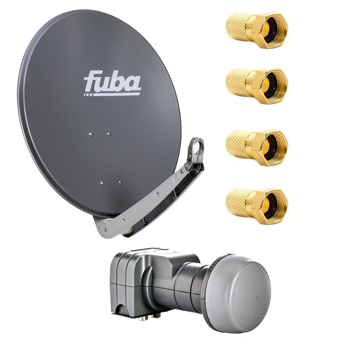 Satellitenschüssel, LNB und Anschlüsse. Die Schüssel ist grau und die Anschlüsse sind goldfarben.