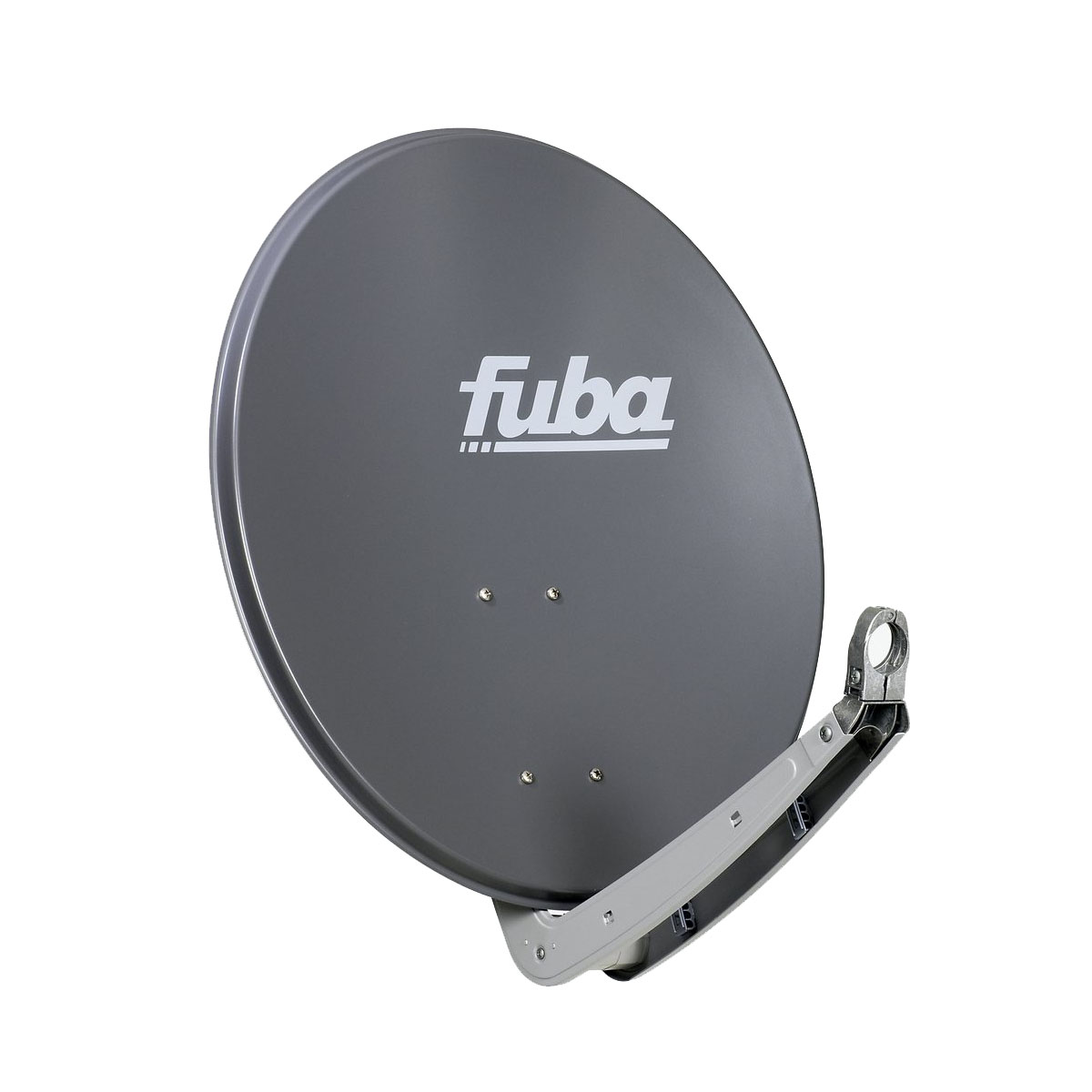 Satellitenschüssel auf weißem Hintergrund, graue Farbe, mit dem Markennamen 'fuba'.