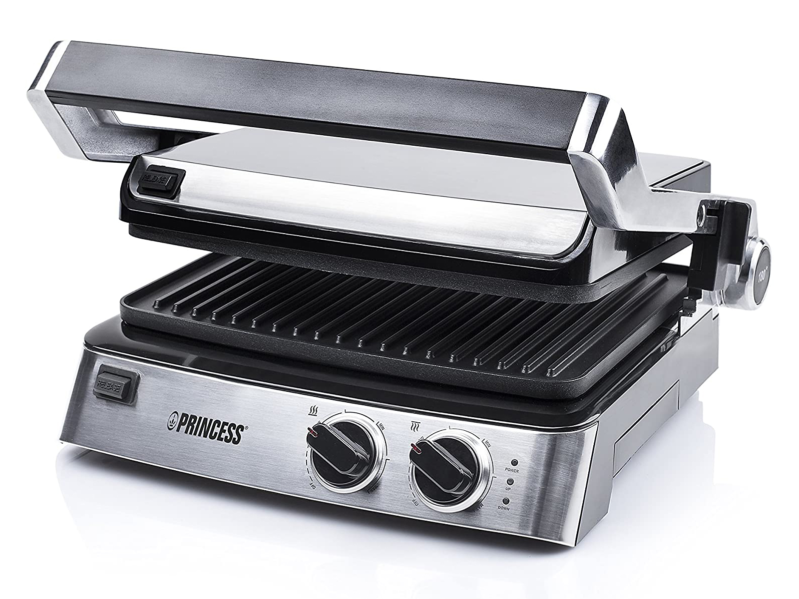 Silberner und schwarzer Princess-Grill, offen. Der Grill steht auf weißem Grund, mit Knöpfen und Tasten.