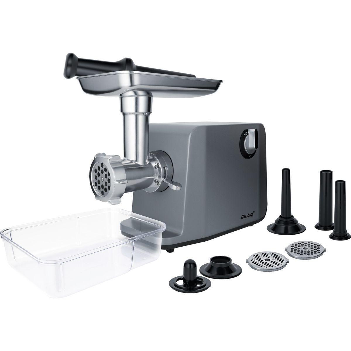 Tritacarne grigio con accessori e un contenitore trasparente. Sono inclusi diversi pezzi.