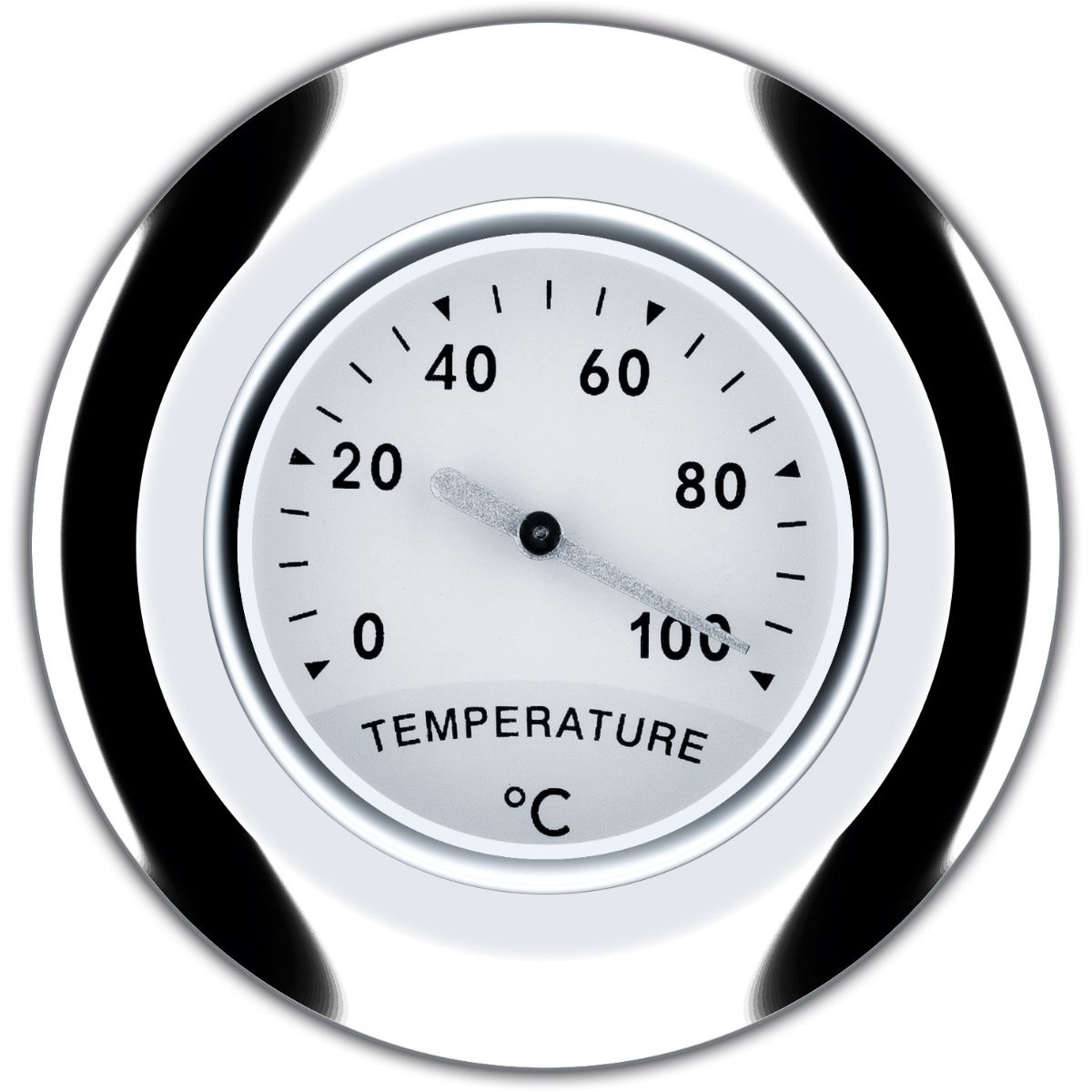 Temperaturanzeige zeigt 20 Grad Celsius. Die Anzeige ist in einem weißen, kreisförmigen Rahmen.