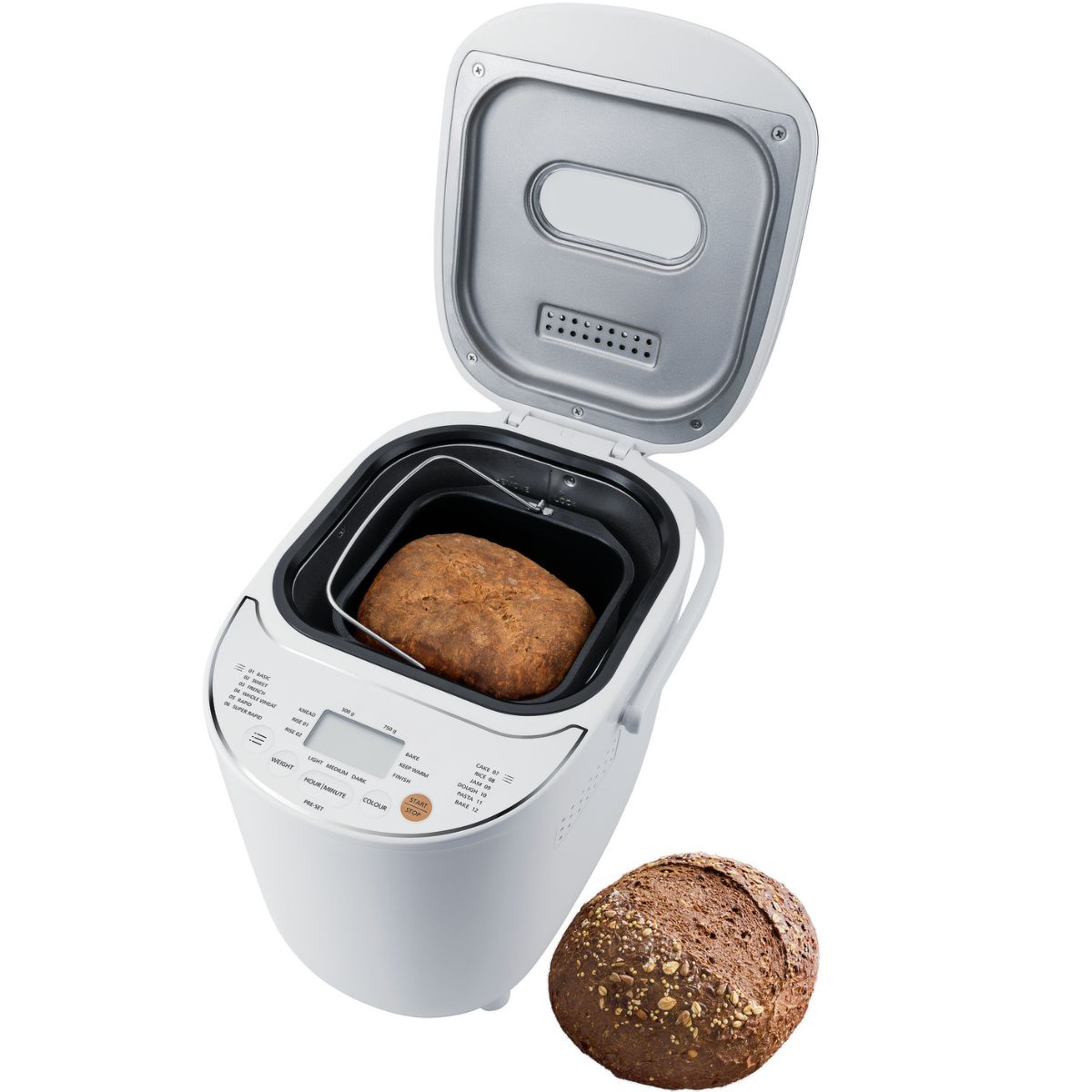 Weiße Brotbackmaschine offen, mit Brotlaib und Brot daneben.