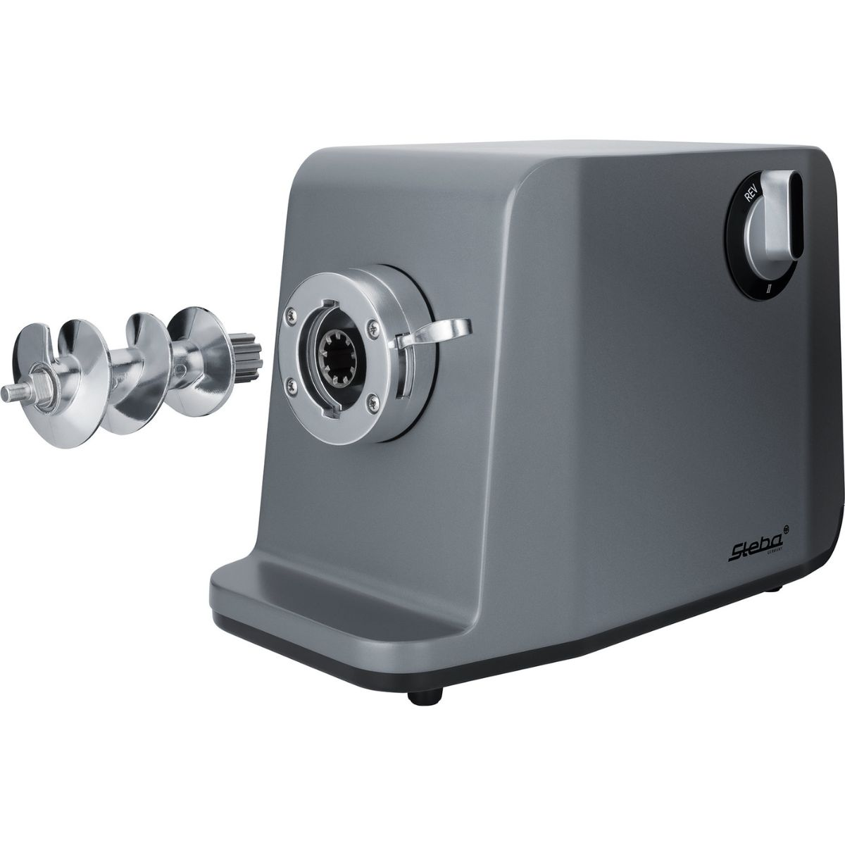 Tritacarne grigio con parti staccate su sfondo bianco.