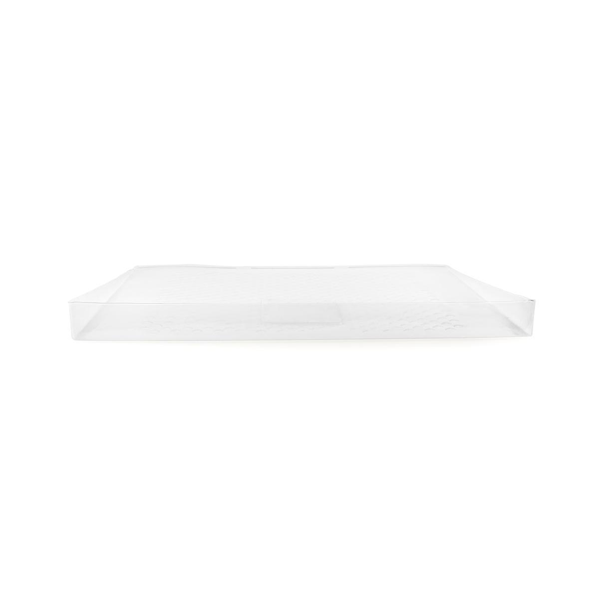 Bandeja de plástico transparente para alimentos con base texturizada, vista desde arriba.