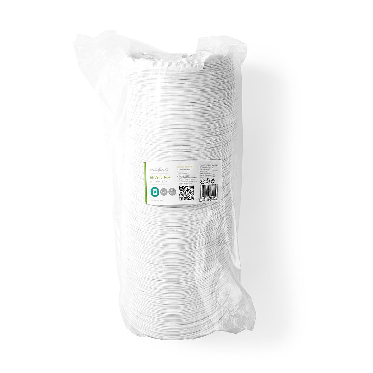 A roll of flexible white air vent hose in a clear plastic bag. The background is white.