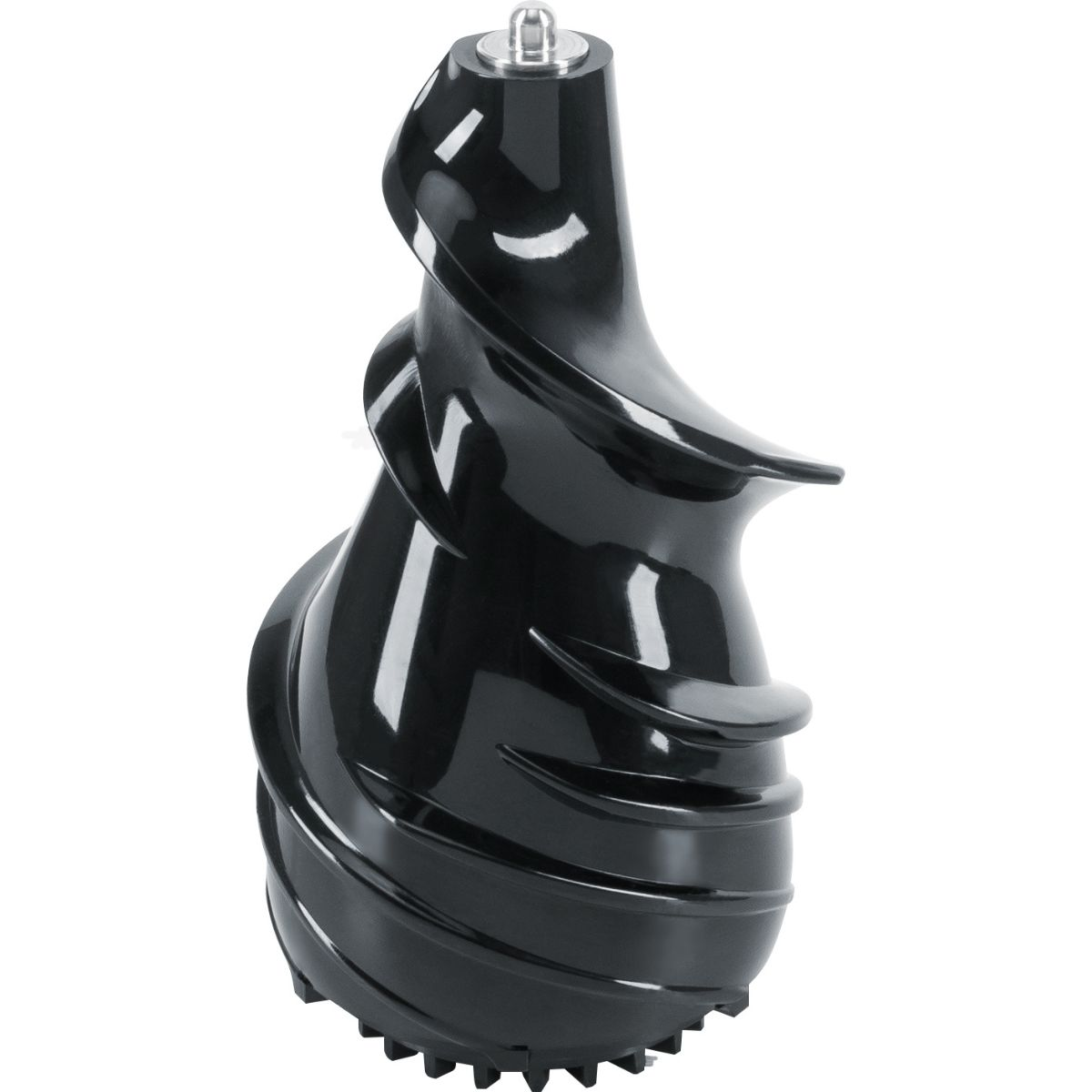 Tornillo de exprimidor negro. El tornillo tiene forma de espiral. Fondo blanco.