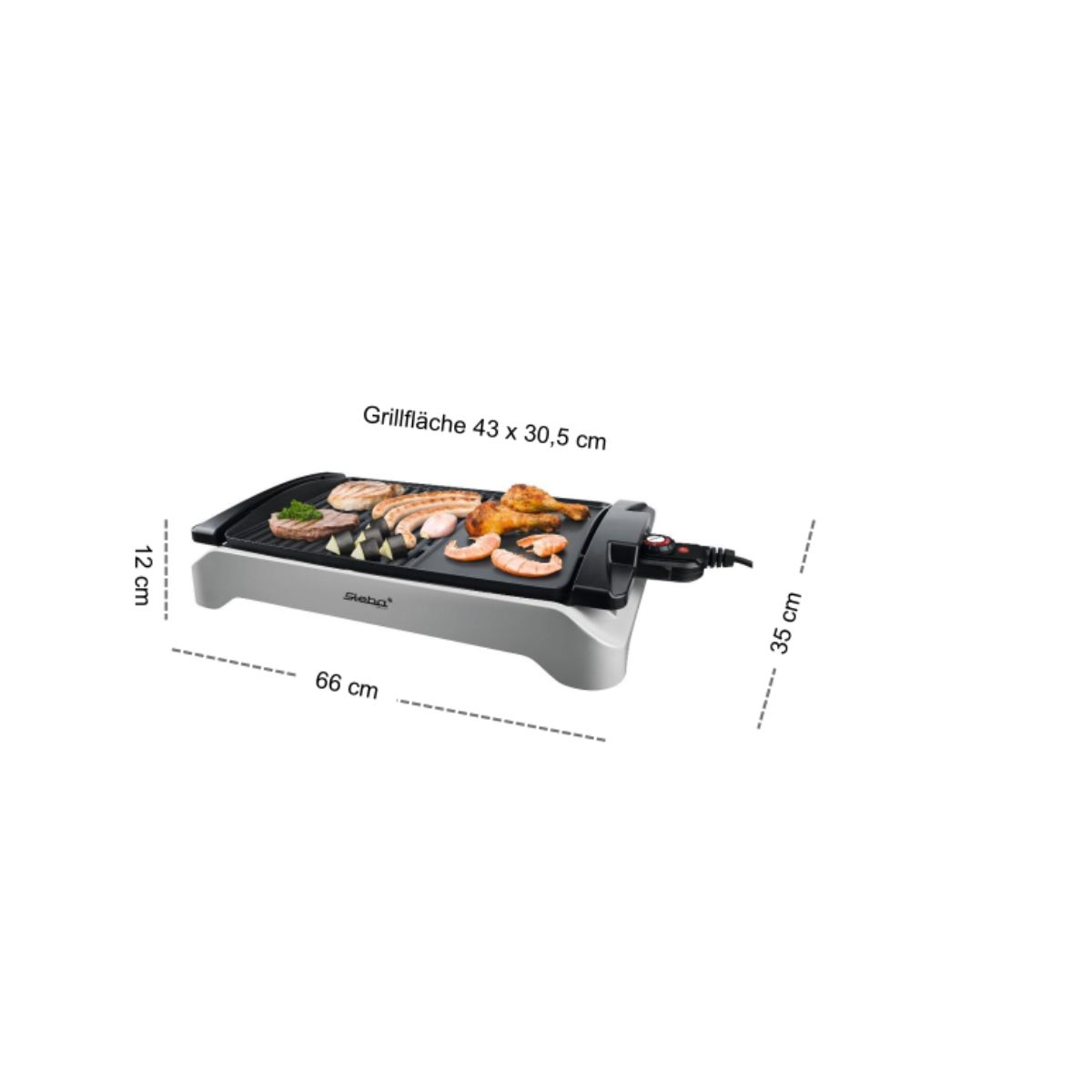 Ein Elektrogrill mit verschiedenen gekochten Speisen. Abmessungen sind beschriftet.