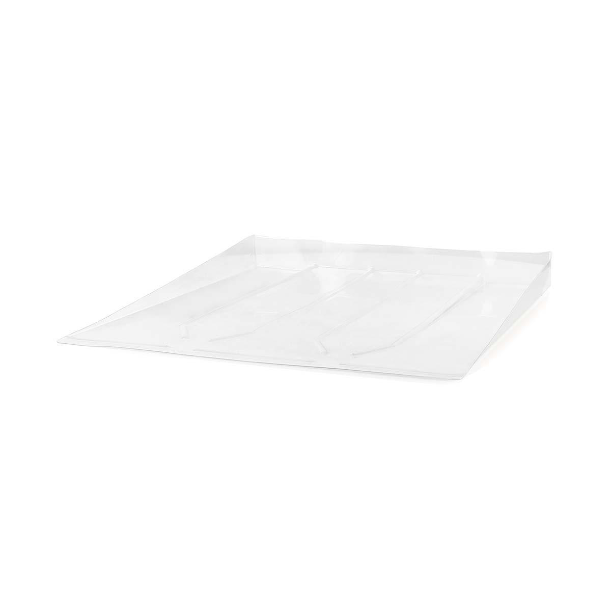 Una bandeja de plástico transparente. Es rectangular con bordes elevados y fondo blanco.