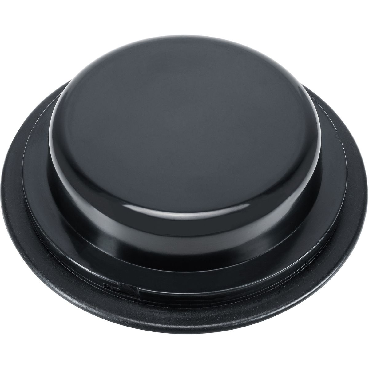 Ein schwarzes, rundes und glattes Objekt, scheinbar ein Deckel, auf einer flachen Oberfläche.