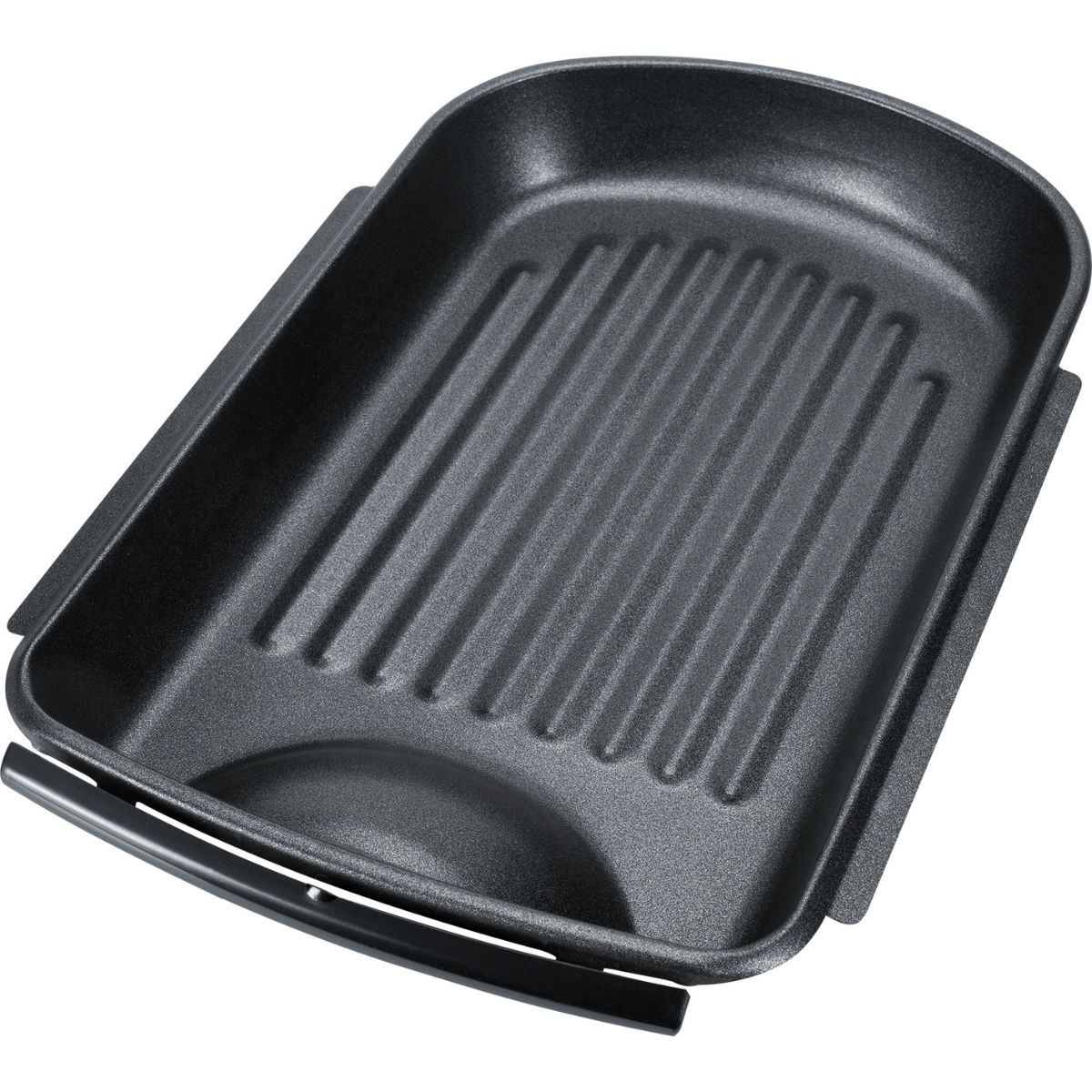 Eine schwarze Grillpfanne. Sie hat Rillen zum Grillen und einen schwarzen Griff.
