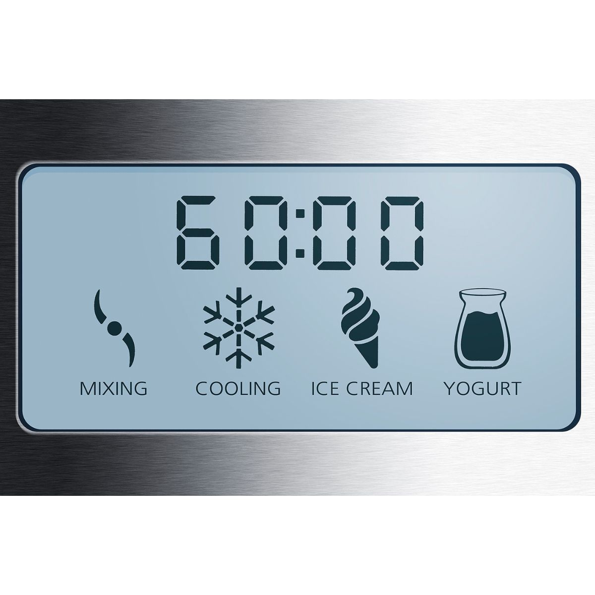 Ein digitales Display zeigt 60:00 mit Symbolen für Mischen, Kühlen, Eiscreme und Joghurt.