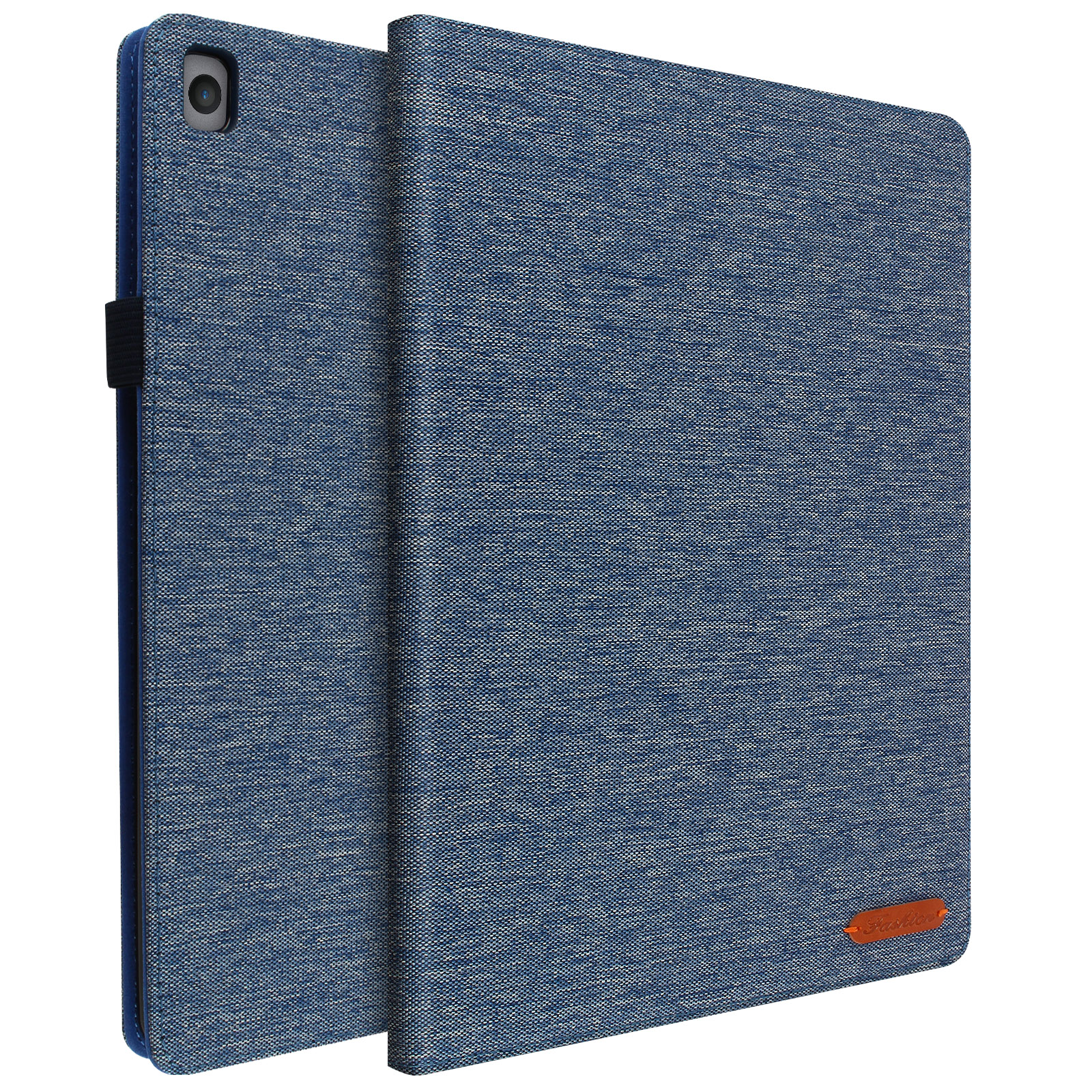Una custodia per tablet in denim blu. La custodia è aperta, mostrando l'interno. Un logo arancione è visibile.