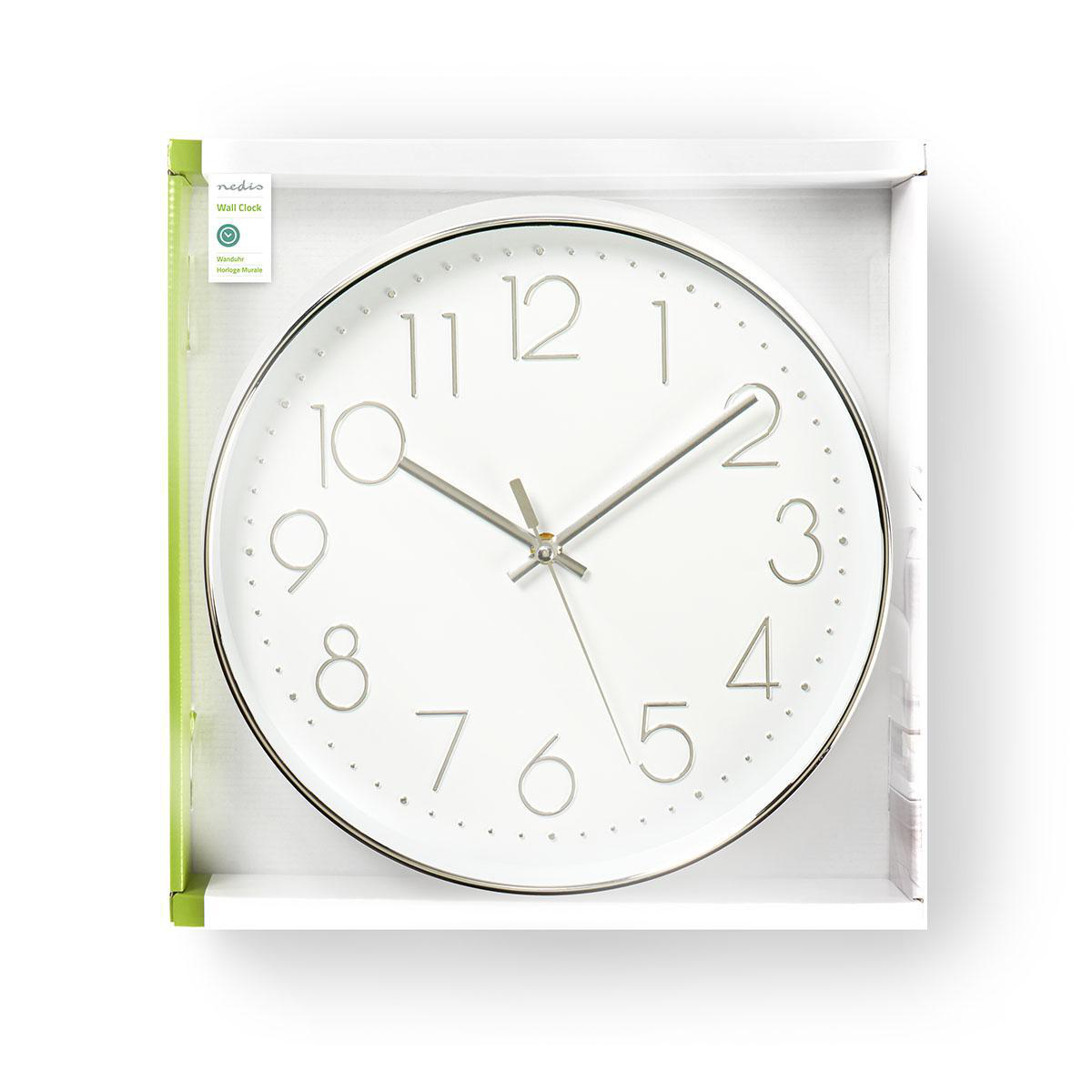 Weiße Wanduhr in ihrer Box. Die Uhr hat Zahlen und Zeiger. Weißer Hintergrund.