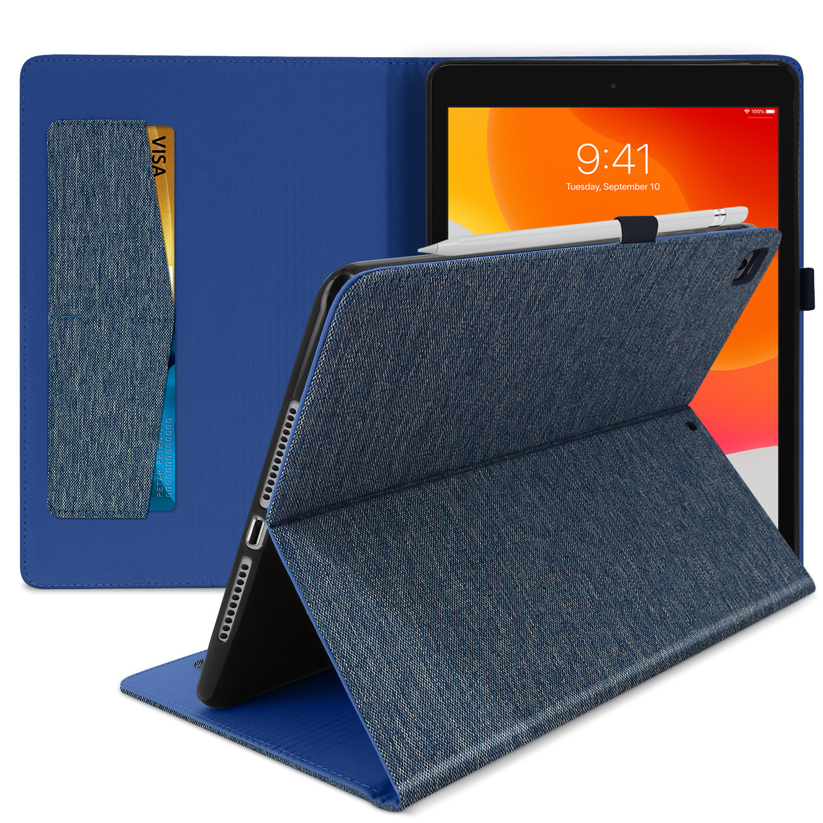 Tablet in custodia blu. Carta di credito in tasca. Il display mostra 10 settembre, martedì. Penna bianca.