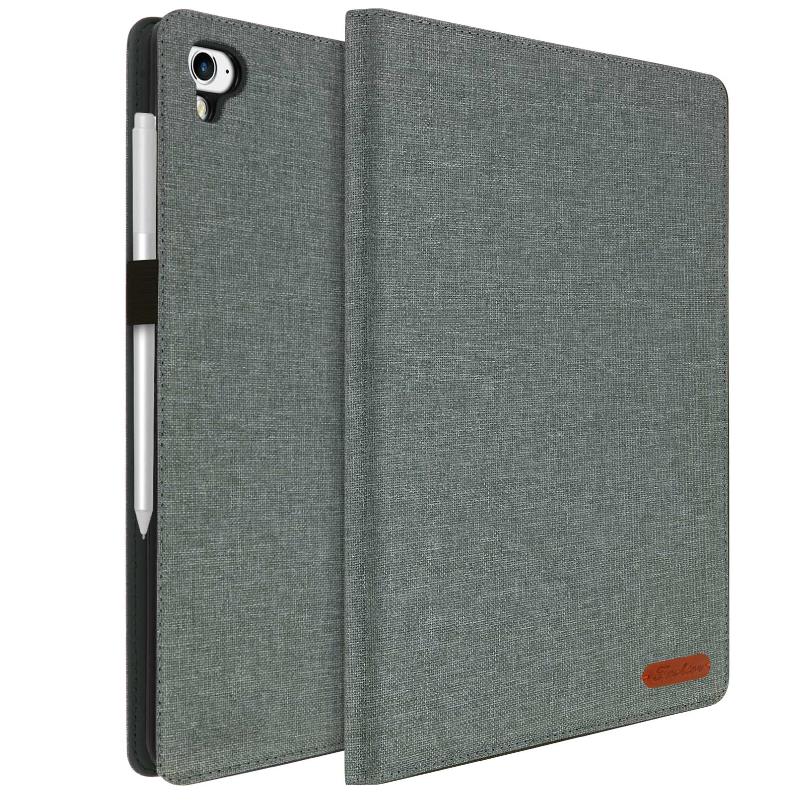 Custodia grigia per tablet con tablet e penna. La custodia è aperta.