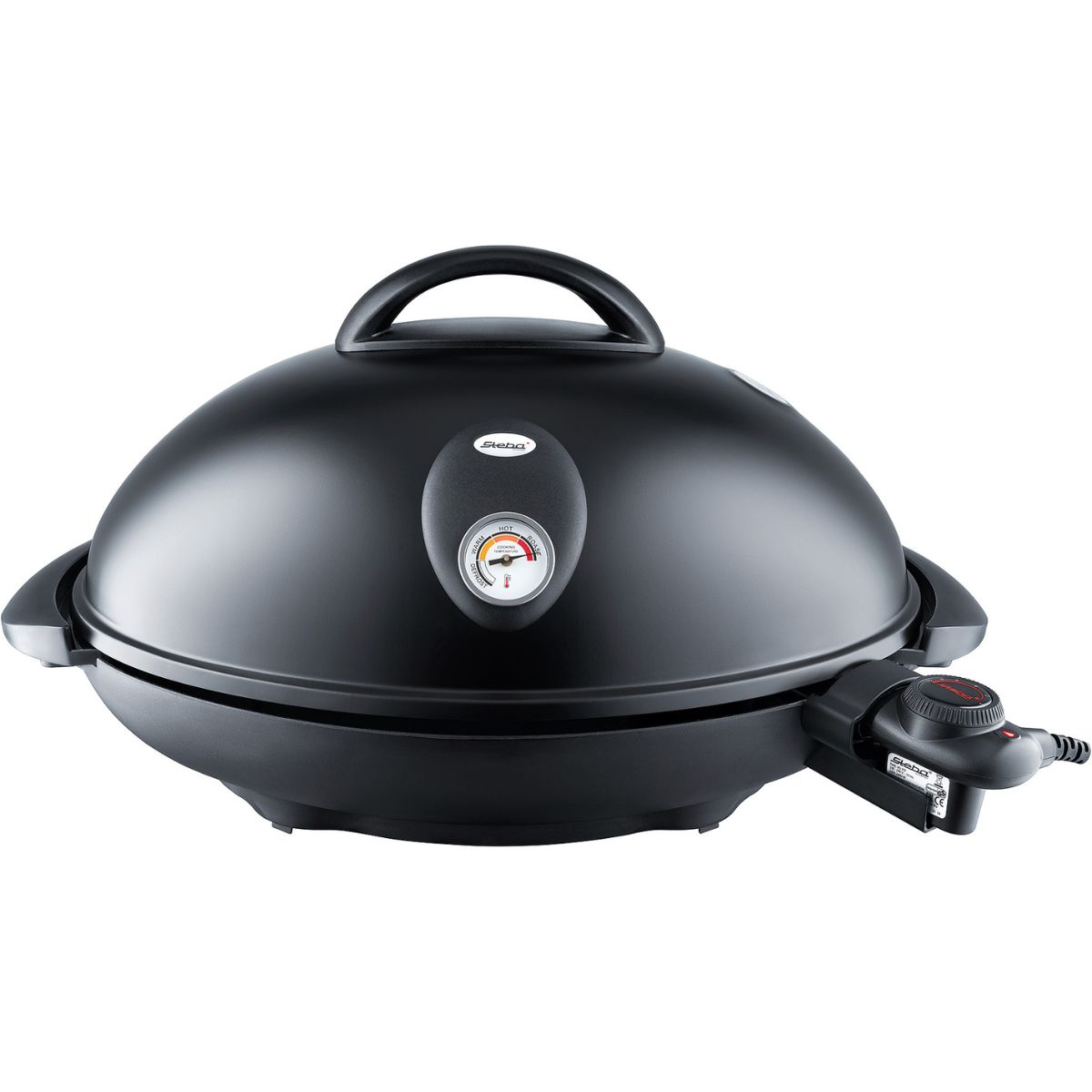 Ein schwarzer Elektrogrill mit Temperaturanzeige.