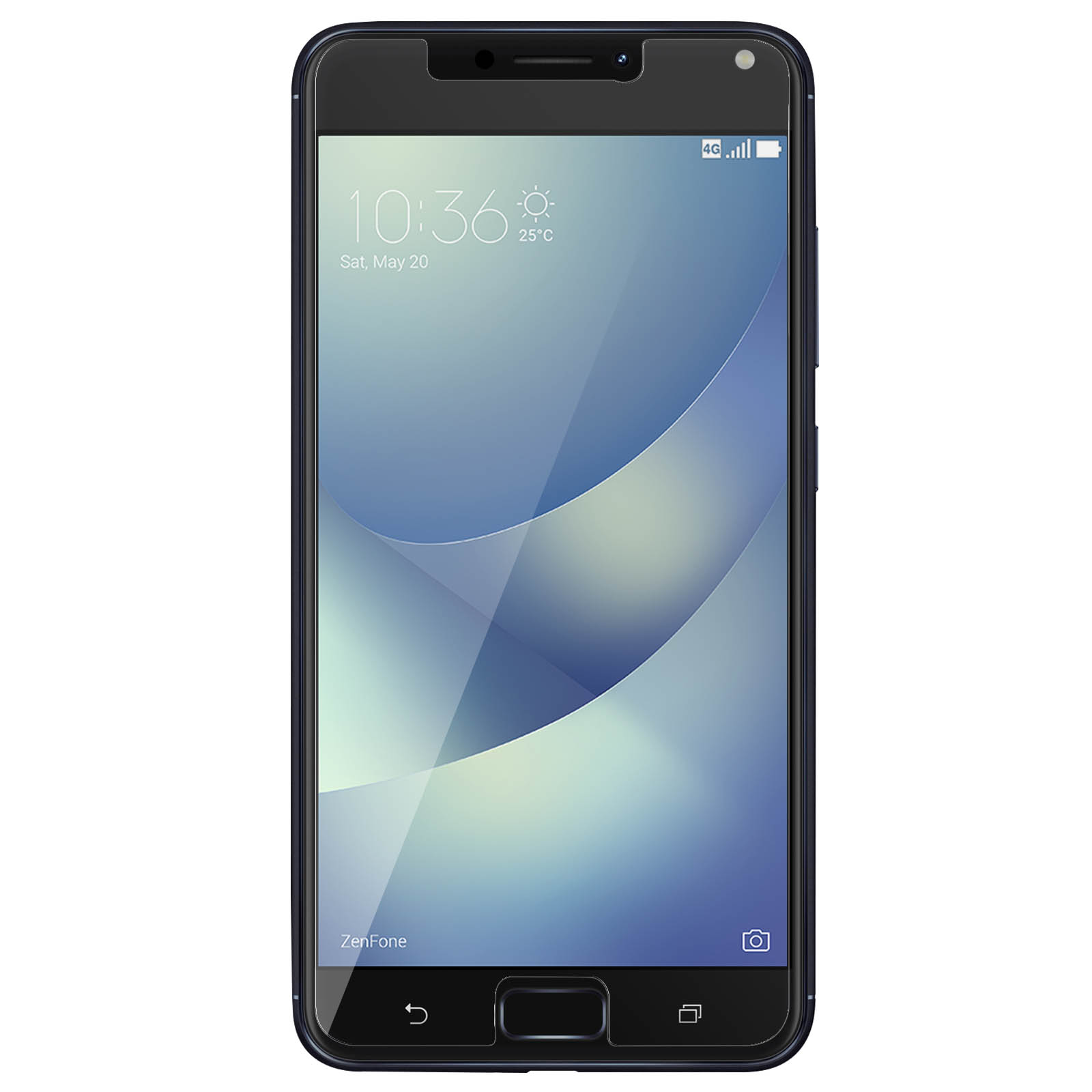 Uno smartphone nero con una custodia blu. Lo schermo è acceso, mostra l'ora.