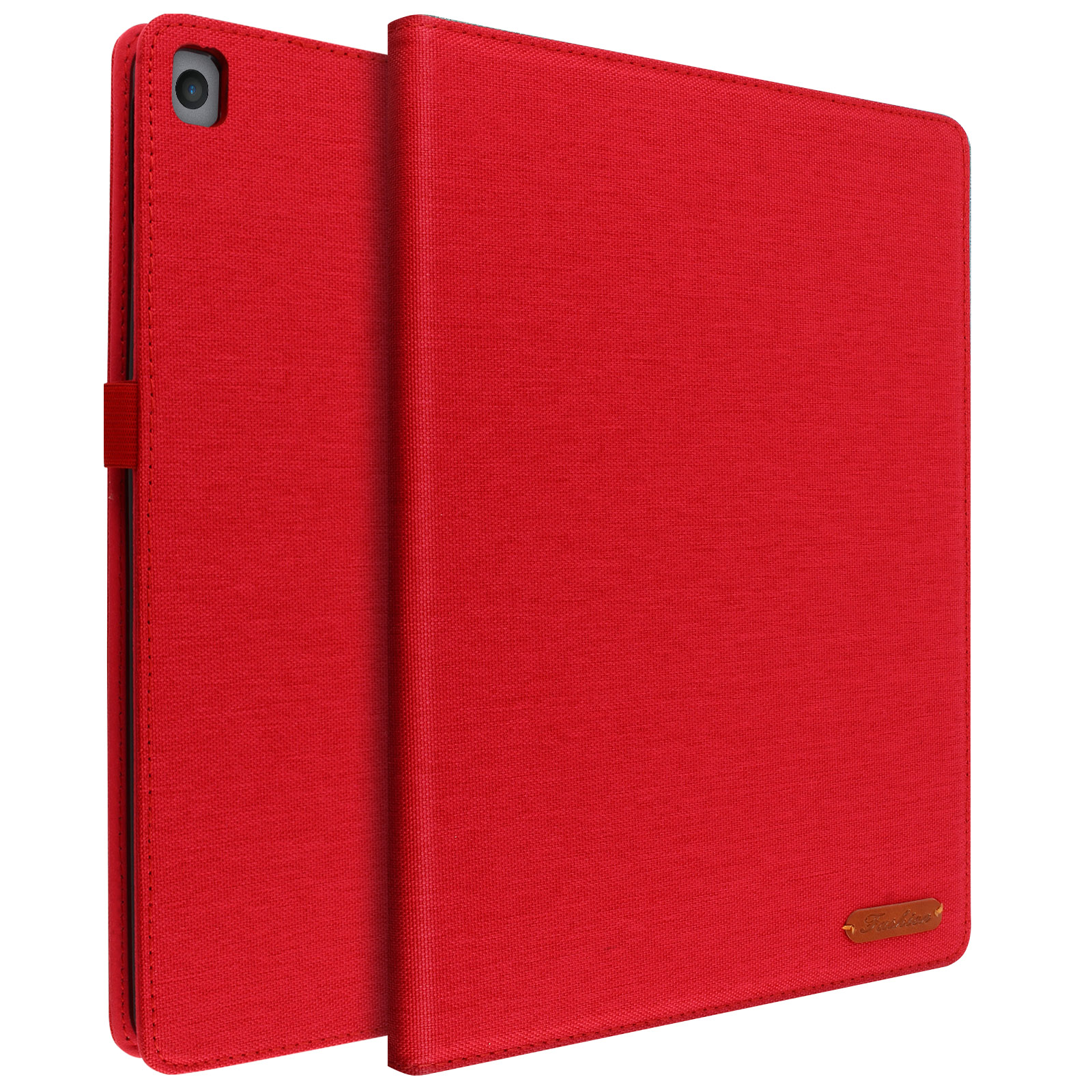 Una custodia rossa per tablet. La custodia è chiusa. La custodia ha una copertura rossa e un logo marrone.