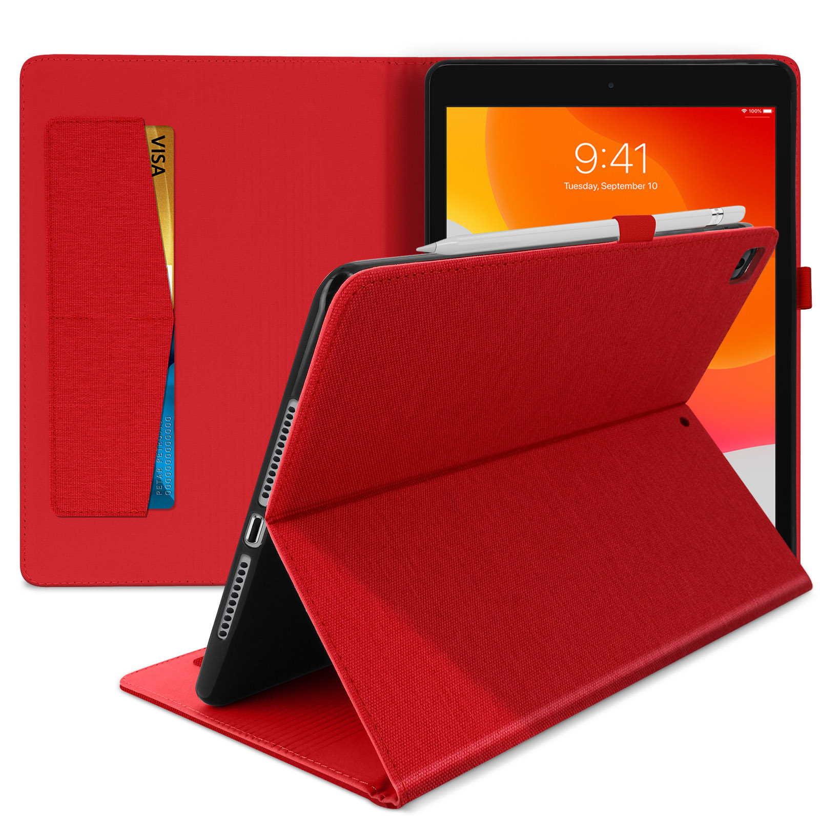 Custodia rossa per tablet aperta, con tablet e stilo all'interno. Carta di credito in fessura.
