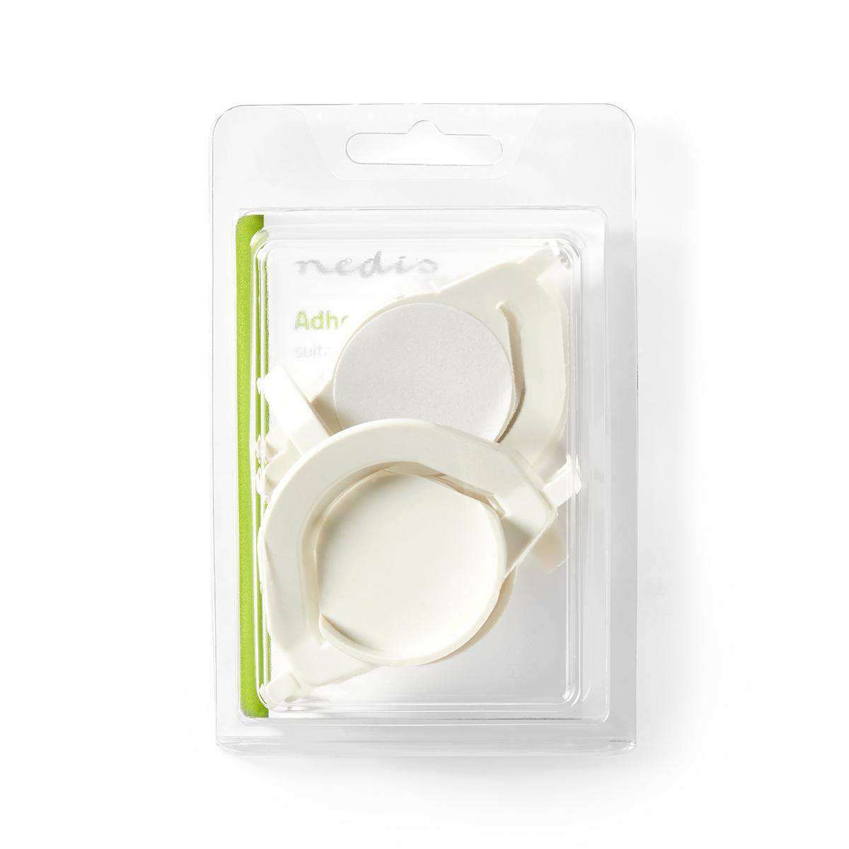 Confezione di cuscinetti adesivi bianchi. I cuscinetti sono in un contenitore di plastica trasparente.
