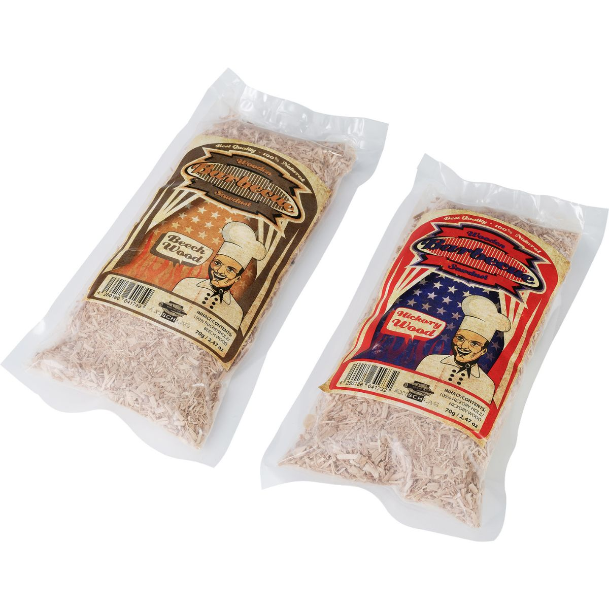 Zwei Beutel Holzchips. Einer Buche, einer Hickory. Koch-Grafik.