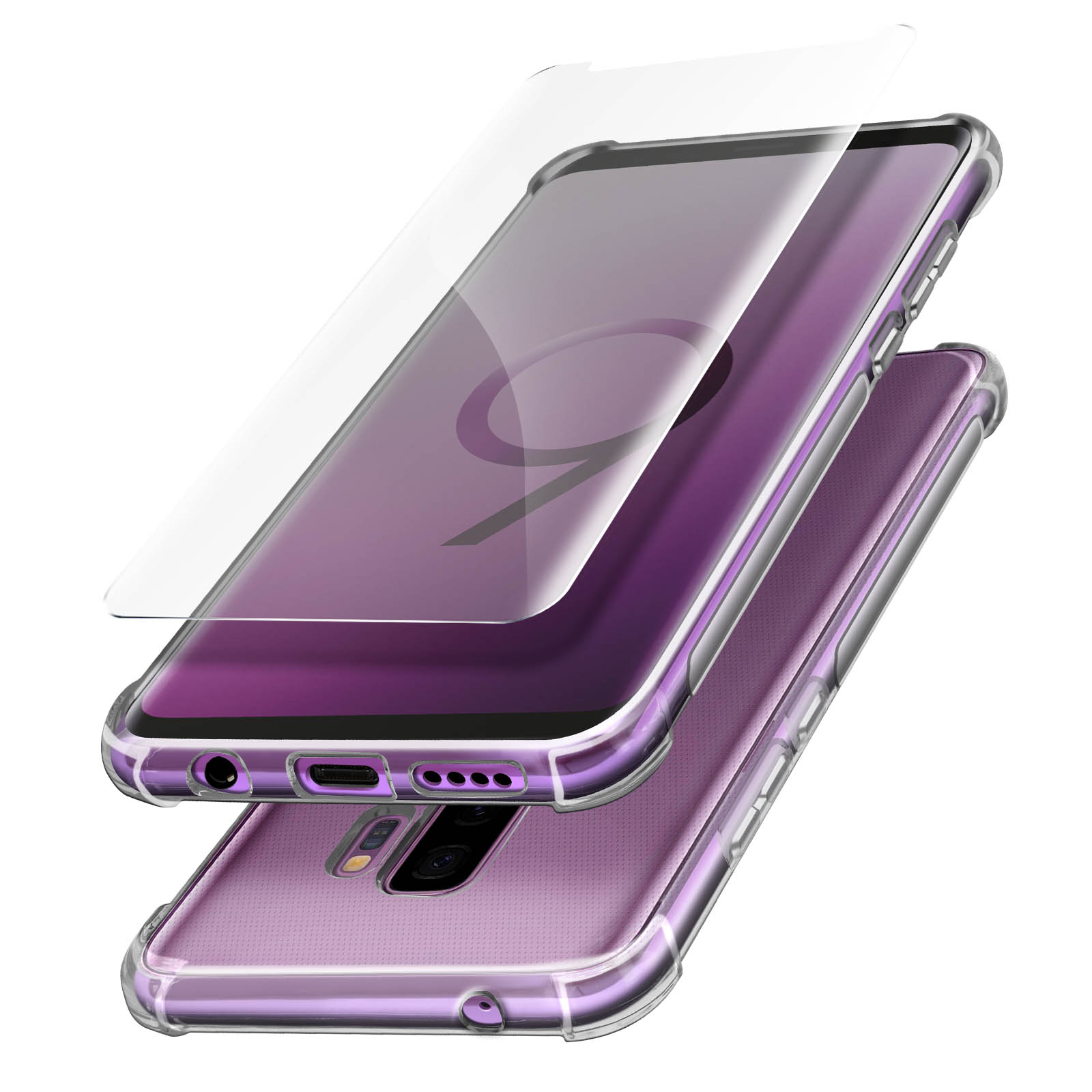 Un telefono con protezione schermo e custodia, su sfondo bianco.
